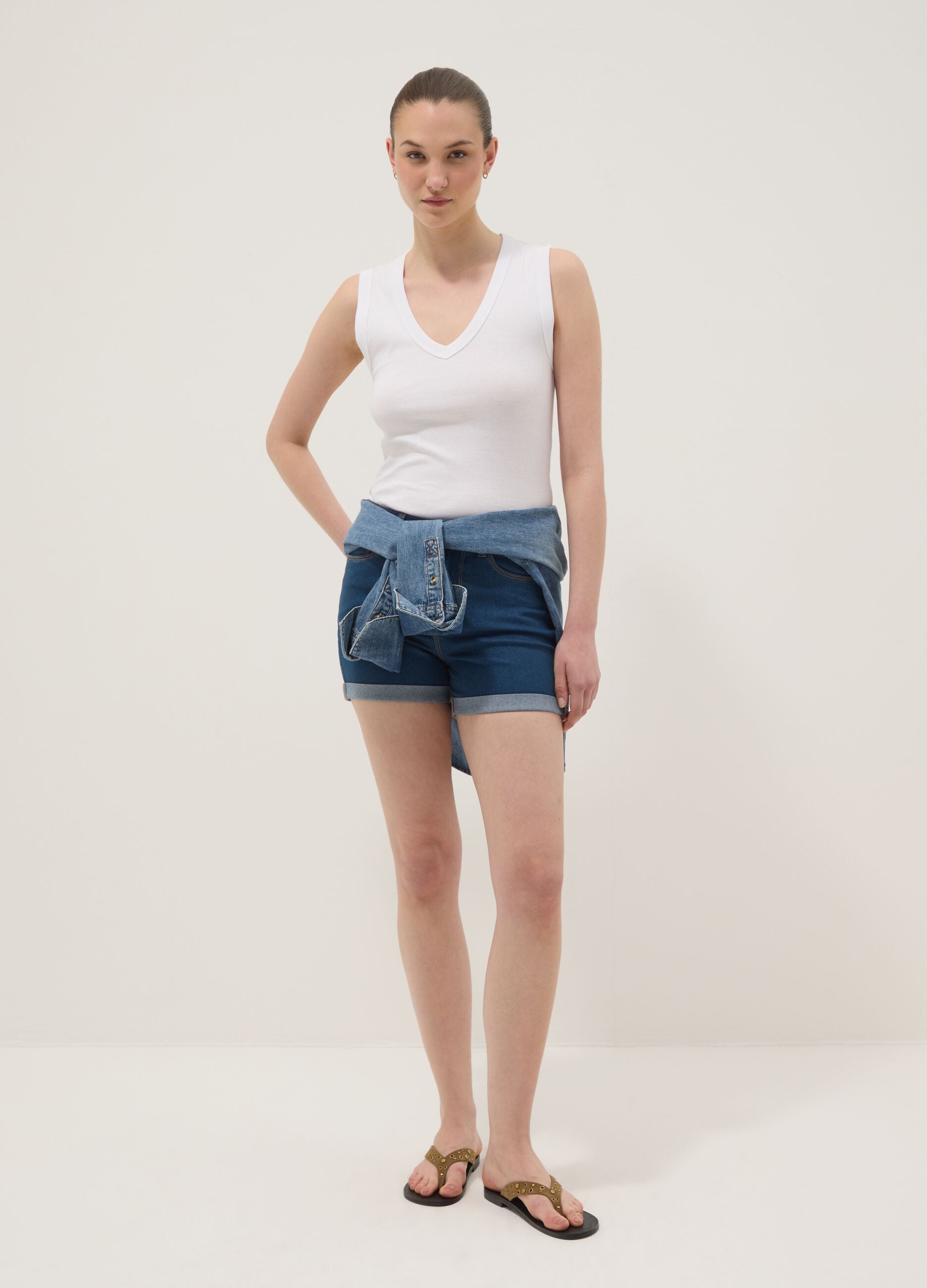 Light blue regular-fit stretch cotton denim shorts