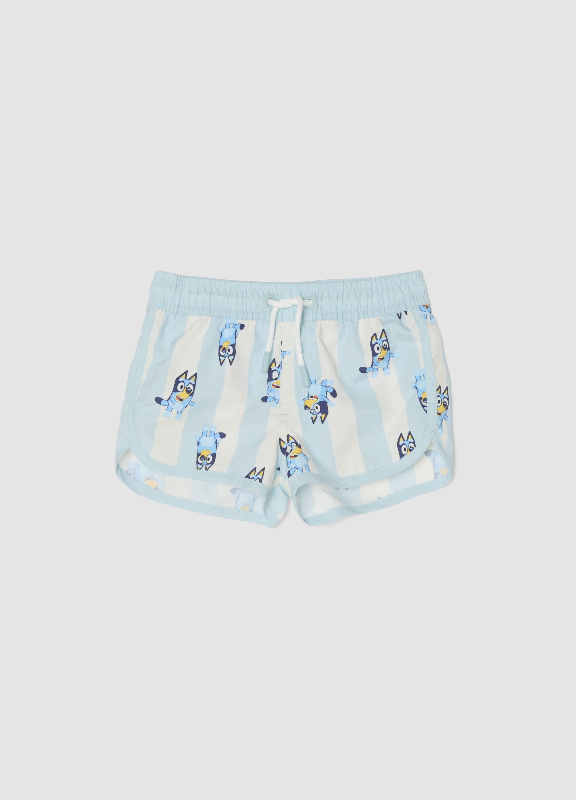 Light blue striped Bluey print swim shorts for boys