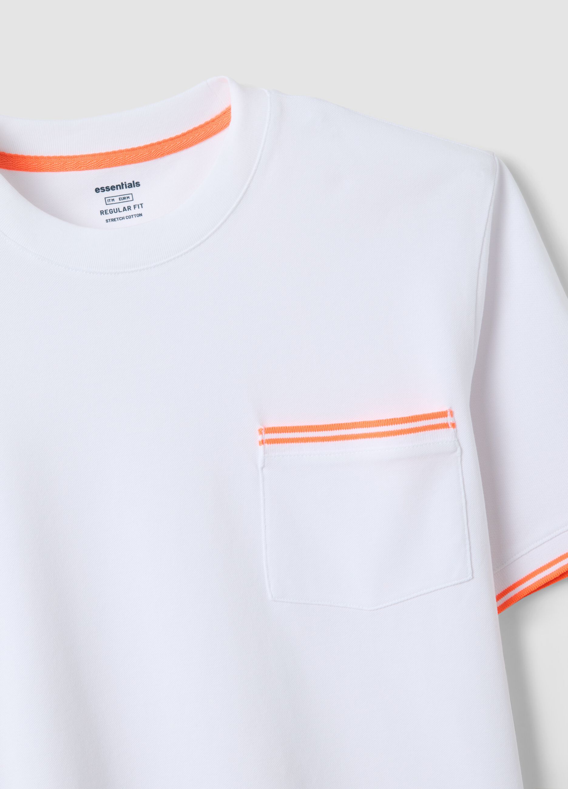 White stretch cotton T-shirt with chest pocket