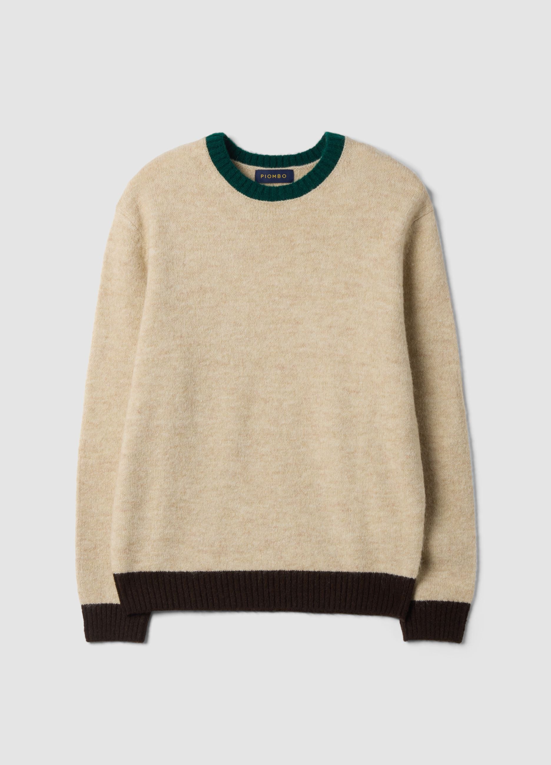 Beige crew-neck jumper in stretch wool and alpaca, regular fit