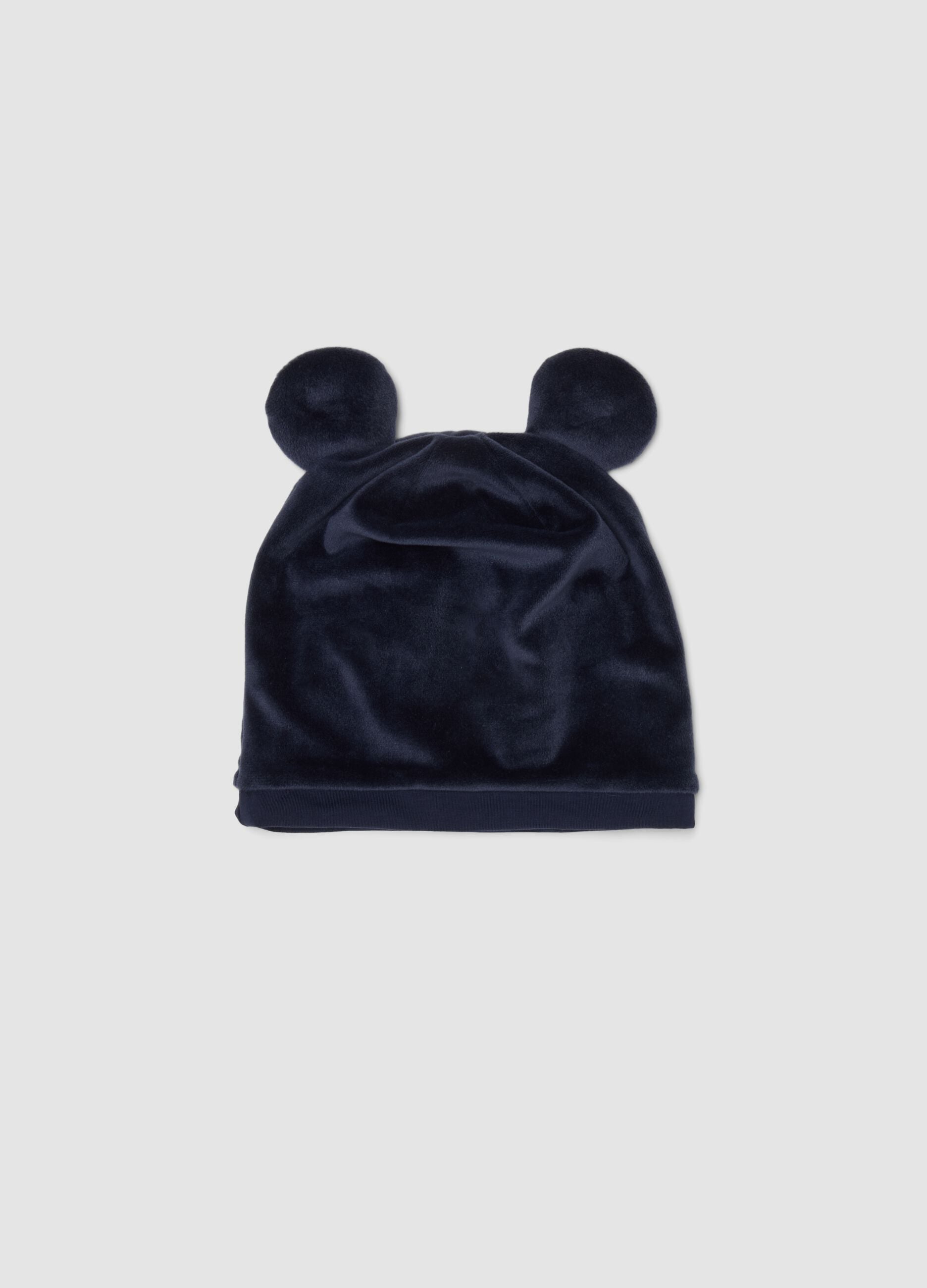 Gorro azul em algod&atilde;o org&acirc;nico com orelhas aplicadas e estampados do Mickey