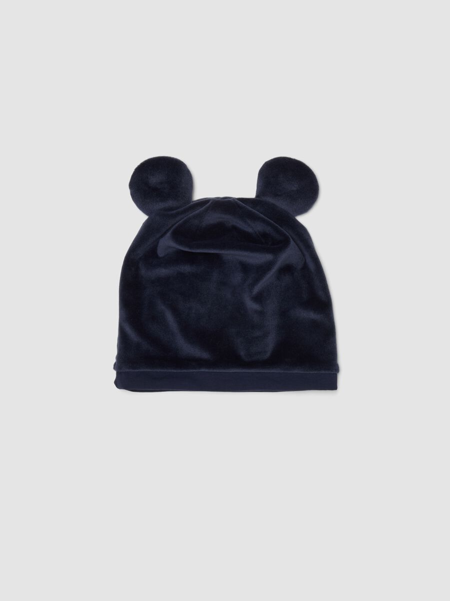Gorro azul em algod&atilde;o org&acirc;nico com orelhas aplicadas e estampados do Mickey_1
