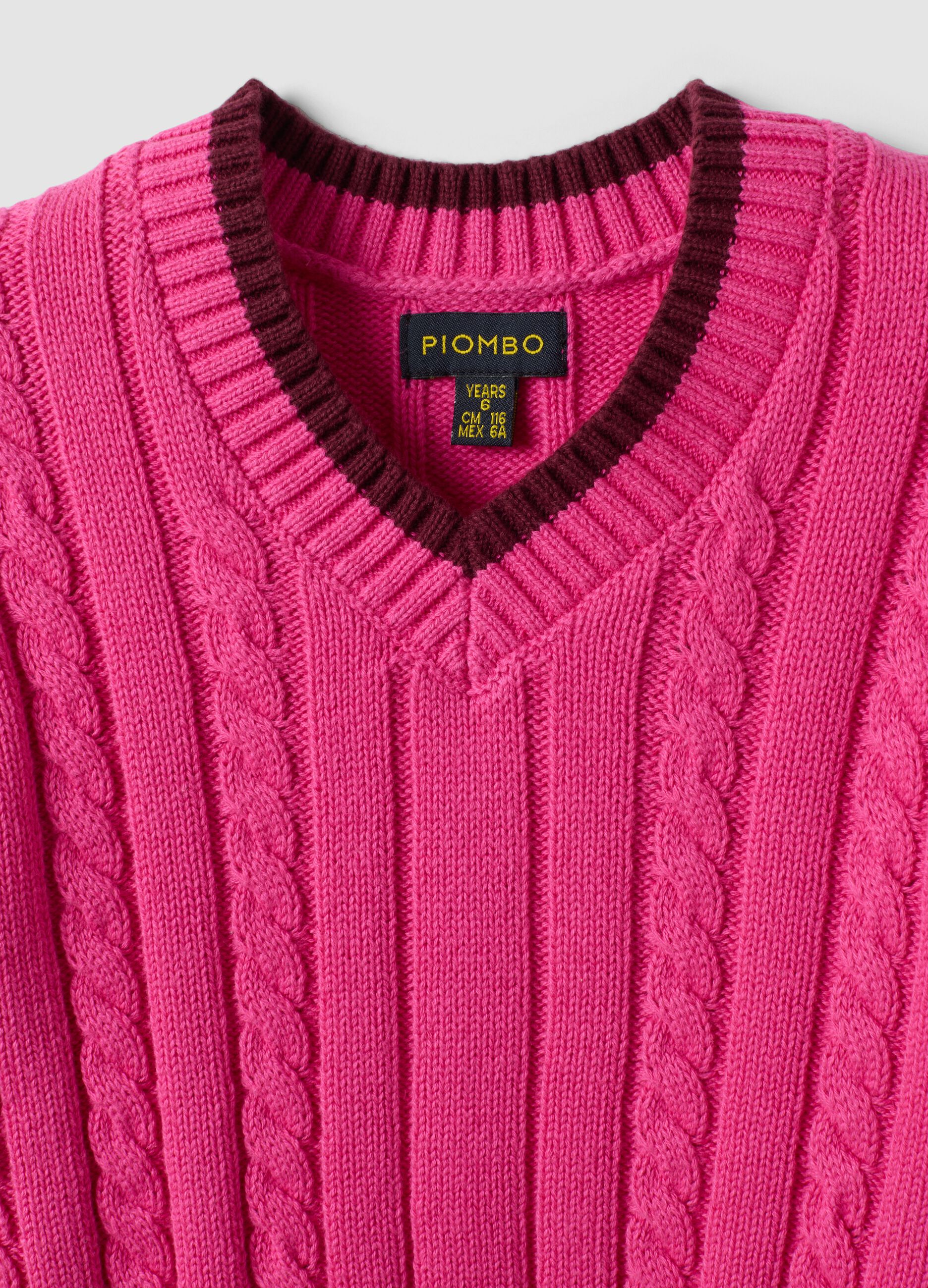 Maglia rosa in puro cotone a trecce con scollo a V per bambina