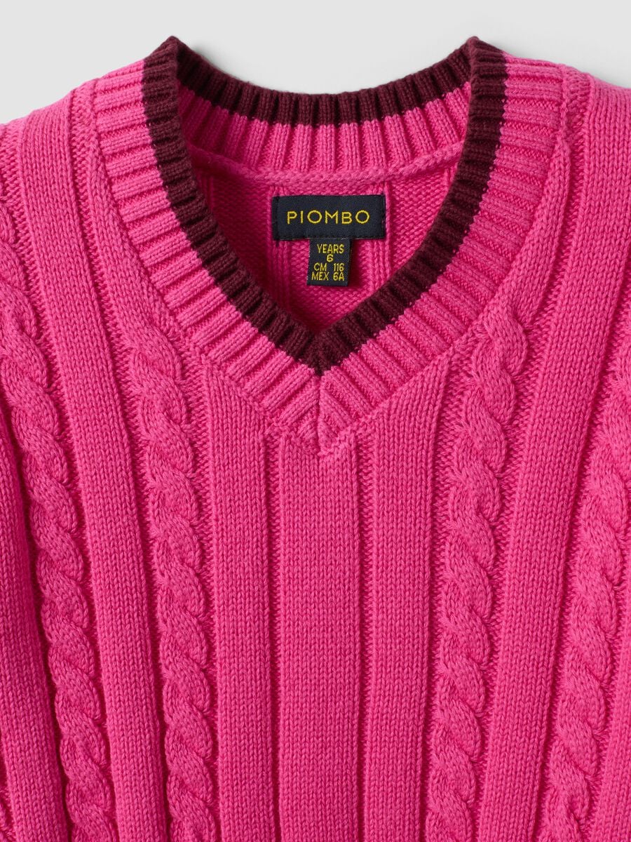 Maglia rosa in puro cotone a trecce con scollo a V per bambina_2