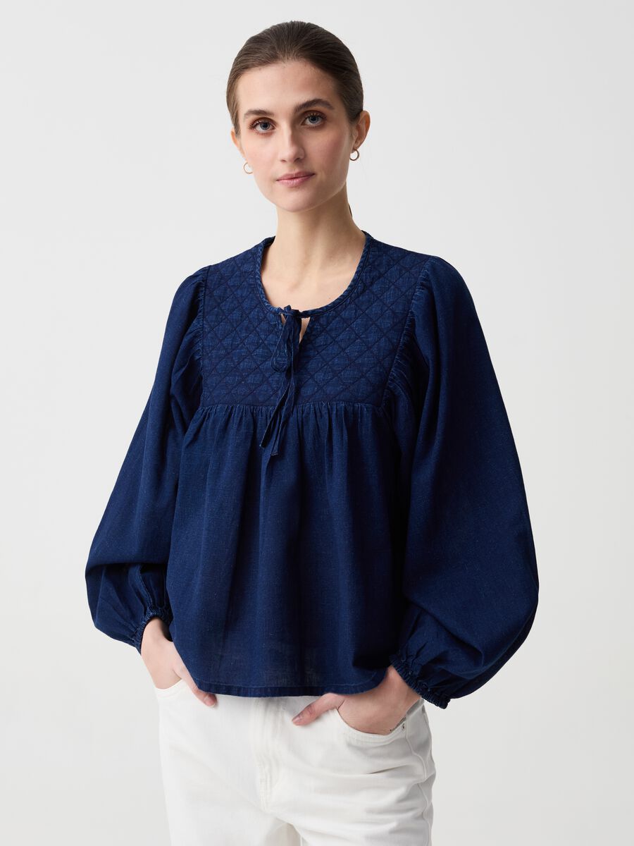 Denim blouse with diamond embroidery_0