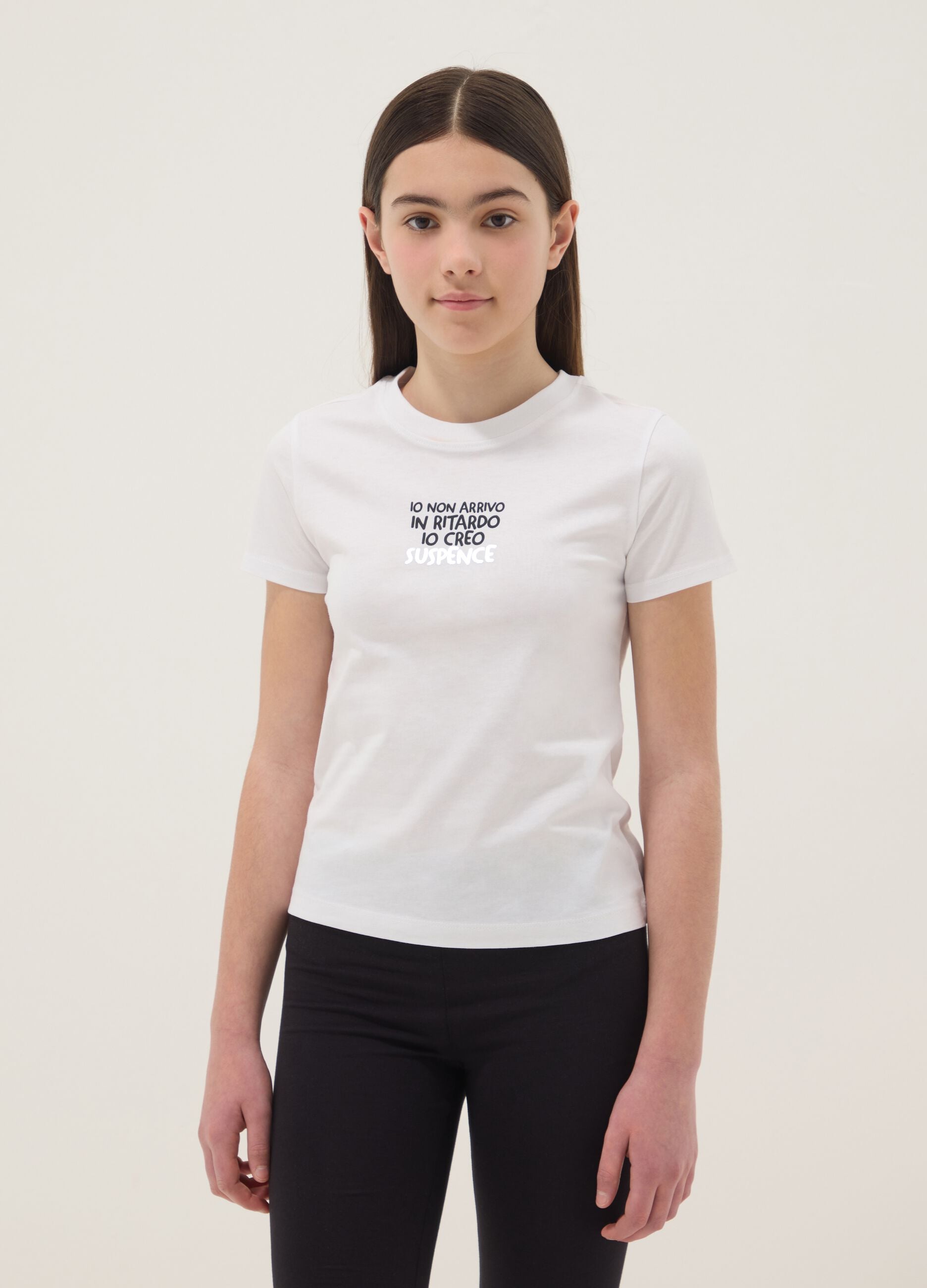 T-shirt branca de puro algod&atilde;o para meninas, ajuste regular com frase