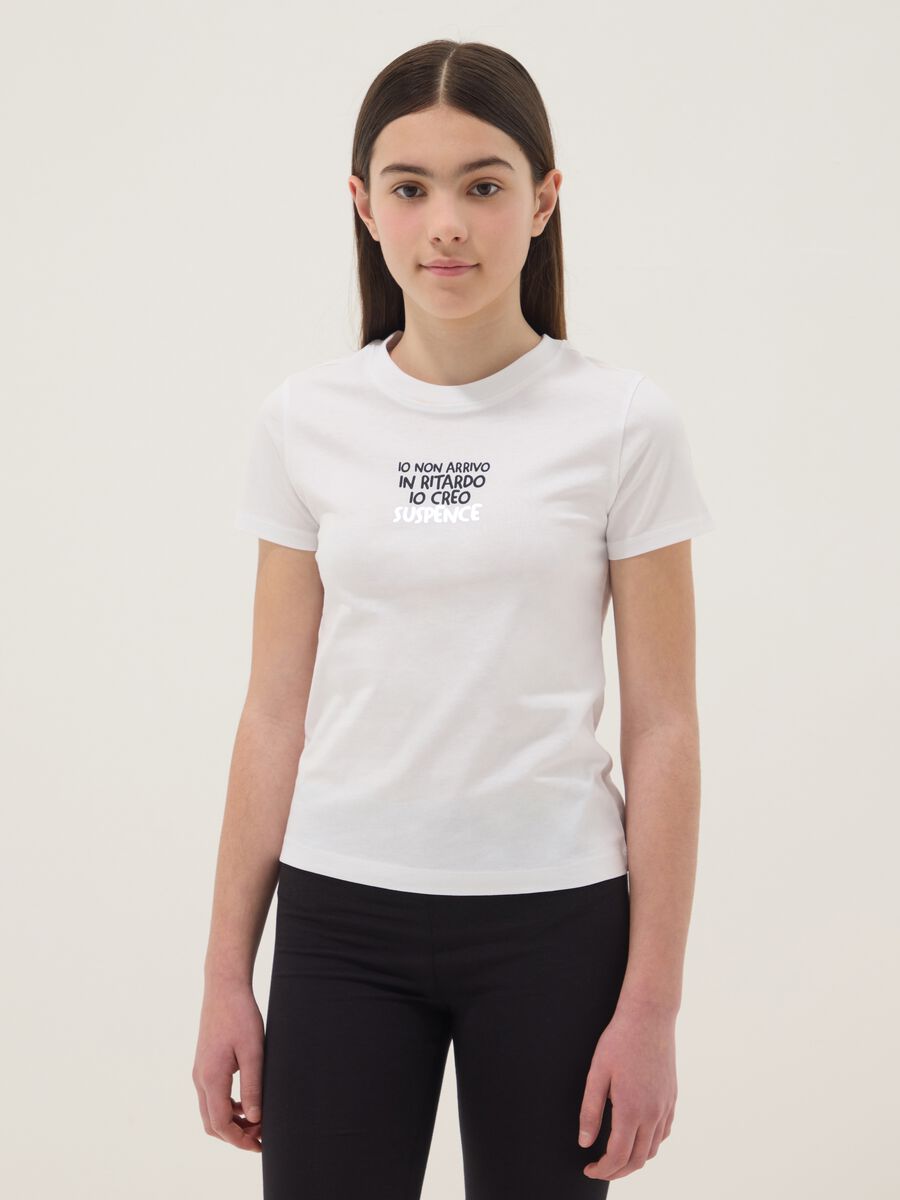 T-shirt branca de puro algod&atilde;o para meninas, ajuste regular com frase_0