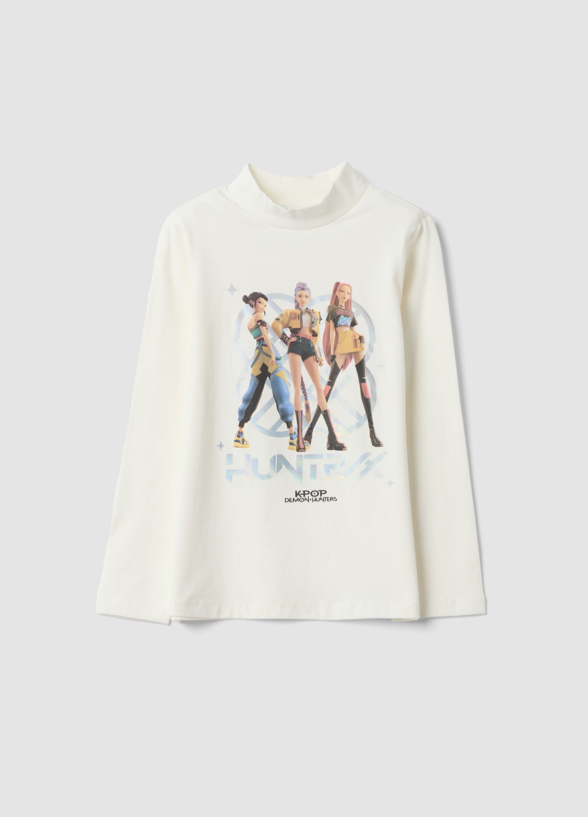 T-shirt branca em algod&atilde;o el&aacute;stico com estampado K-Pop Demon Hunters