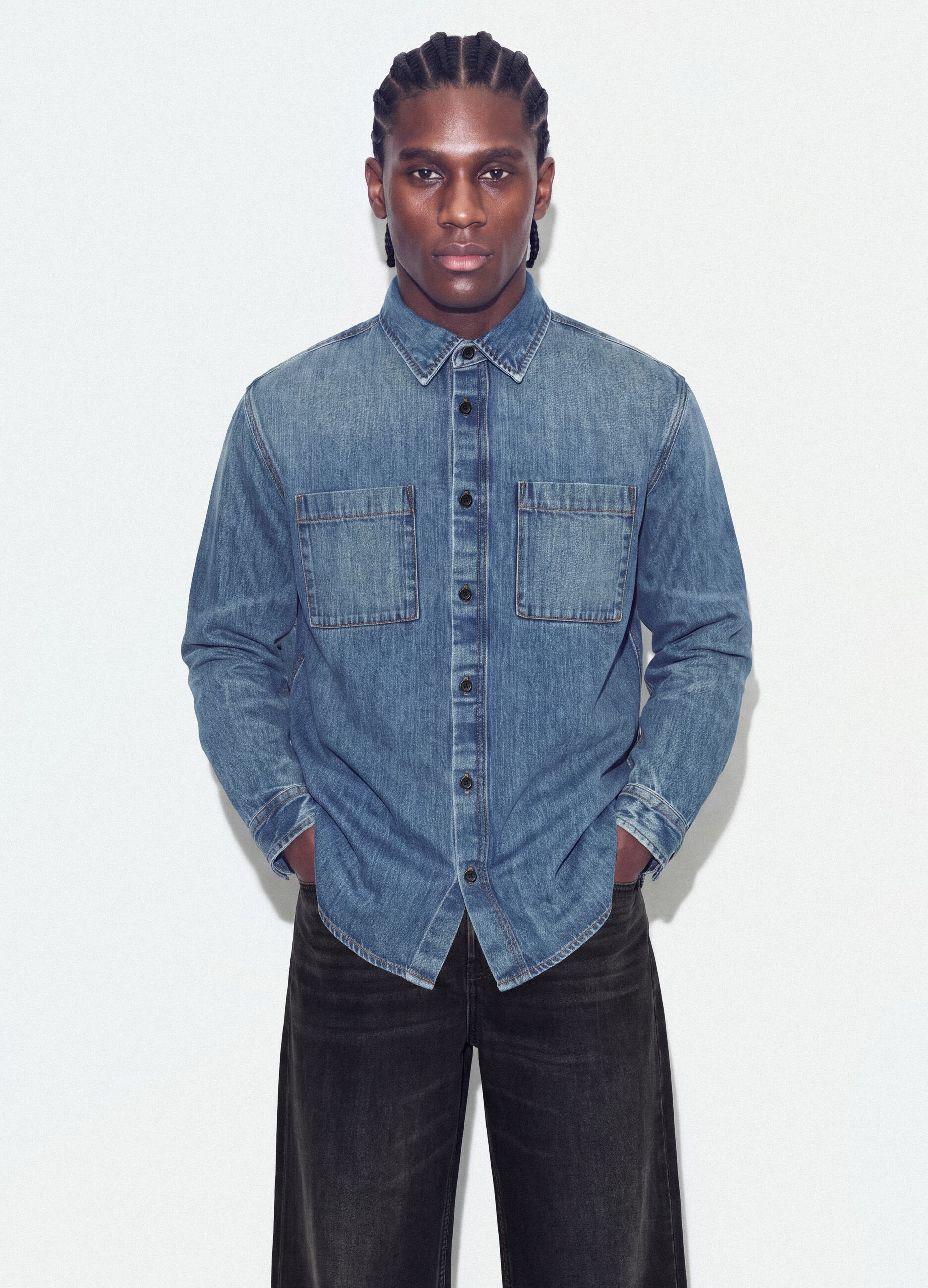 Blue pure cotton denim shirt, regular fit