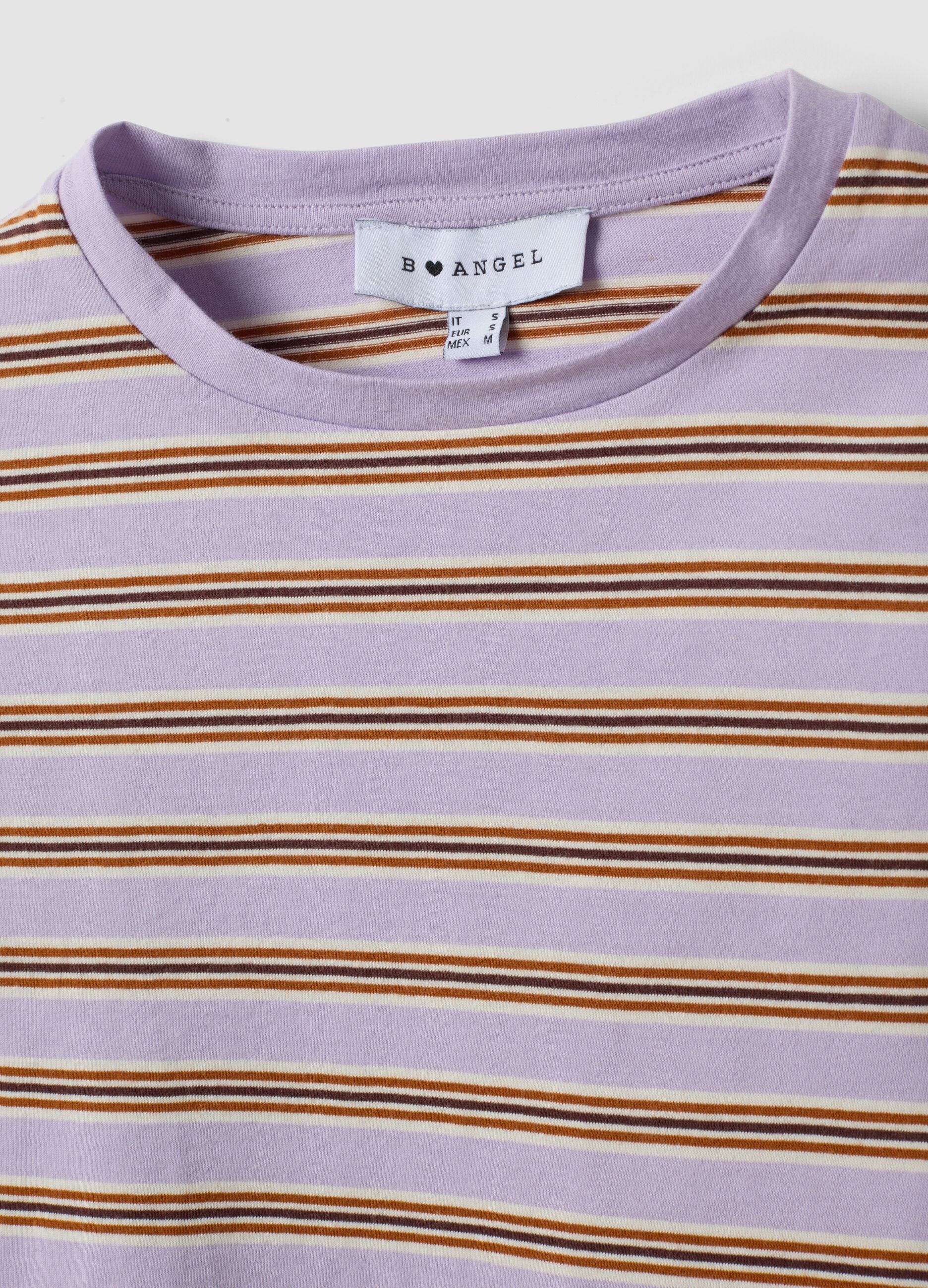 T-shirt crop viola in puro cotone a righe con stampa