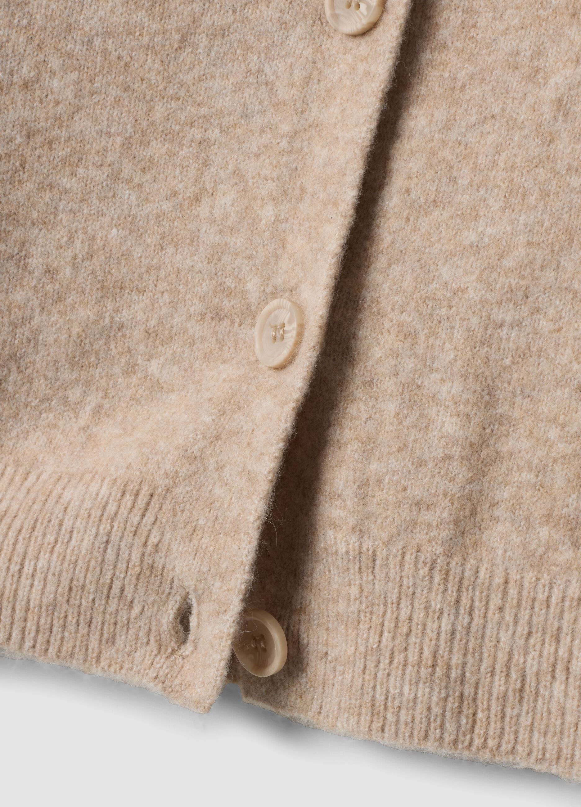 Beige stretch-fabric crew-neck cardigan with oversized fit