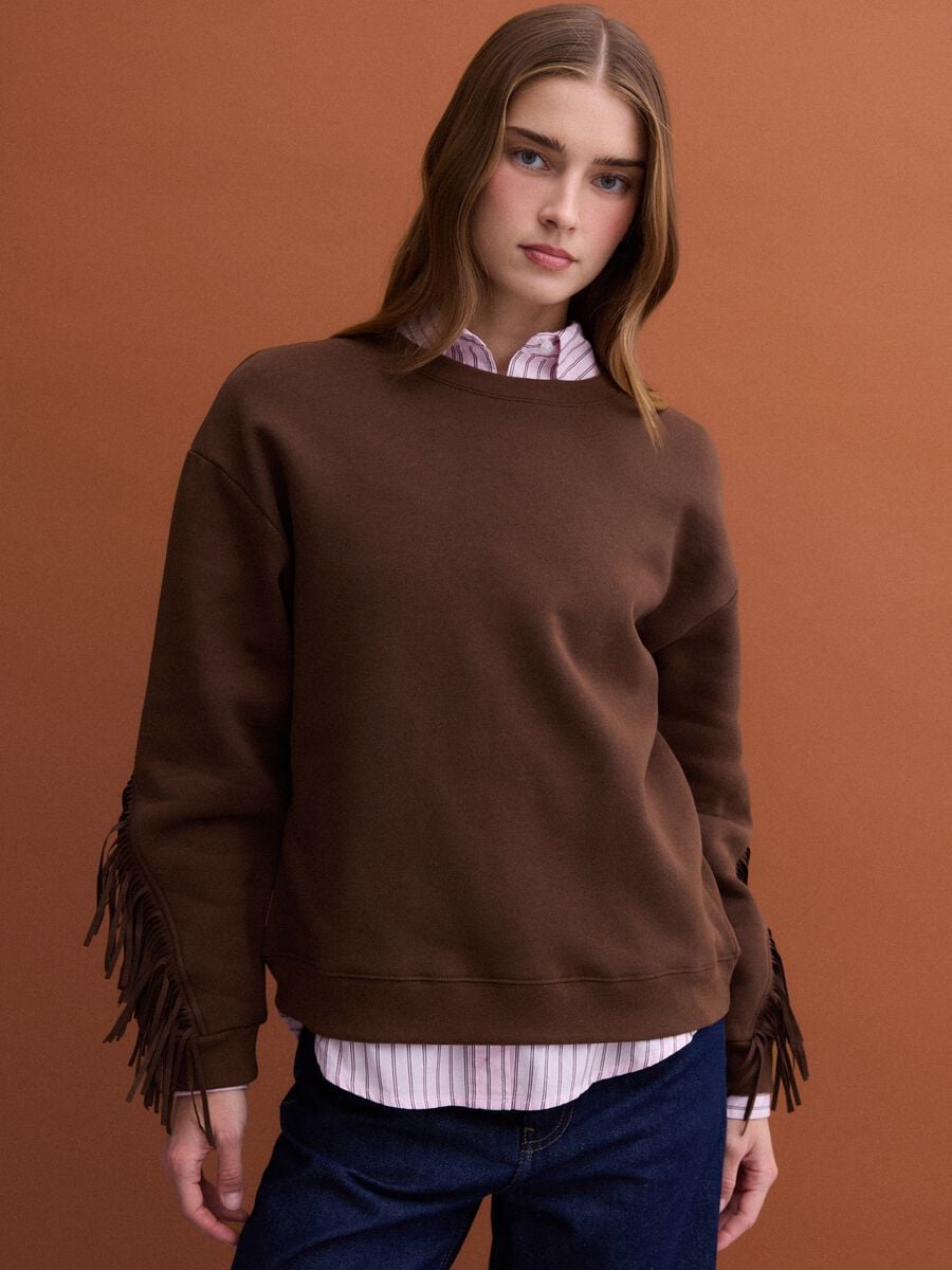 Brown cotton-blend crew-neck sweatshirt with fringes, regular fit_0