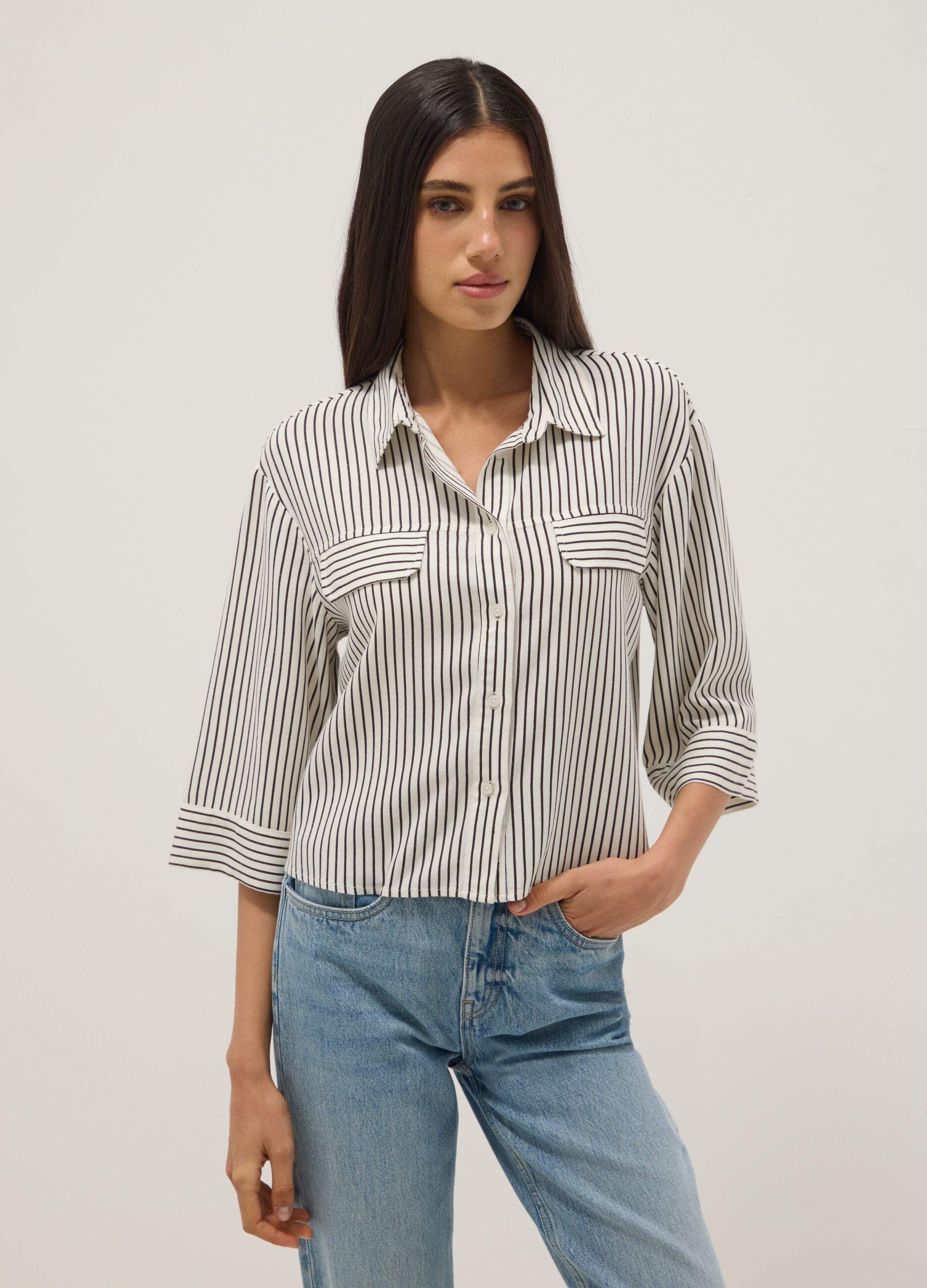 Regular-fit white and brown striped viscose-linen blend shirt