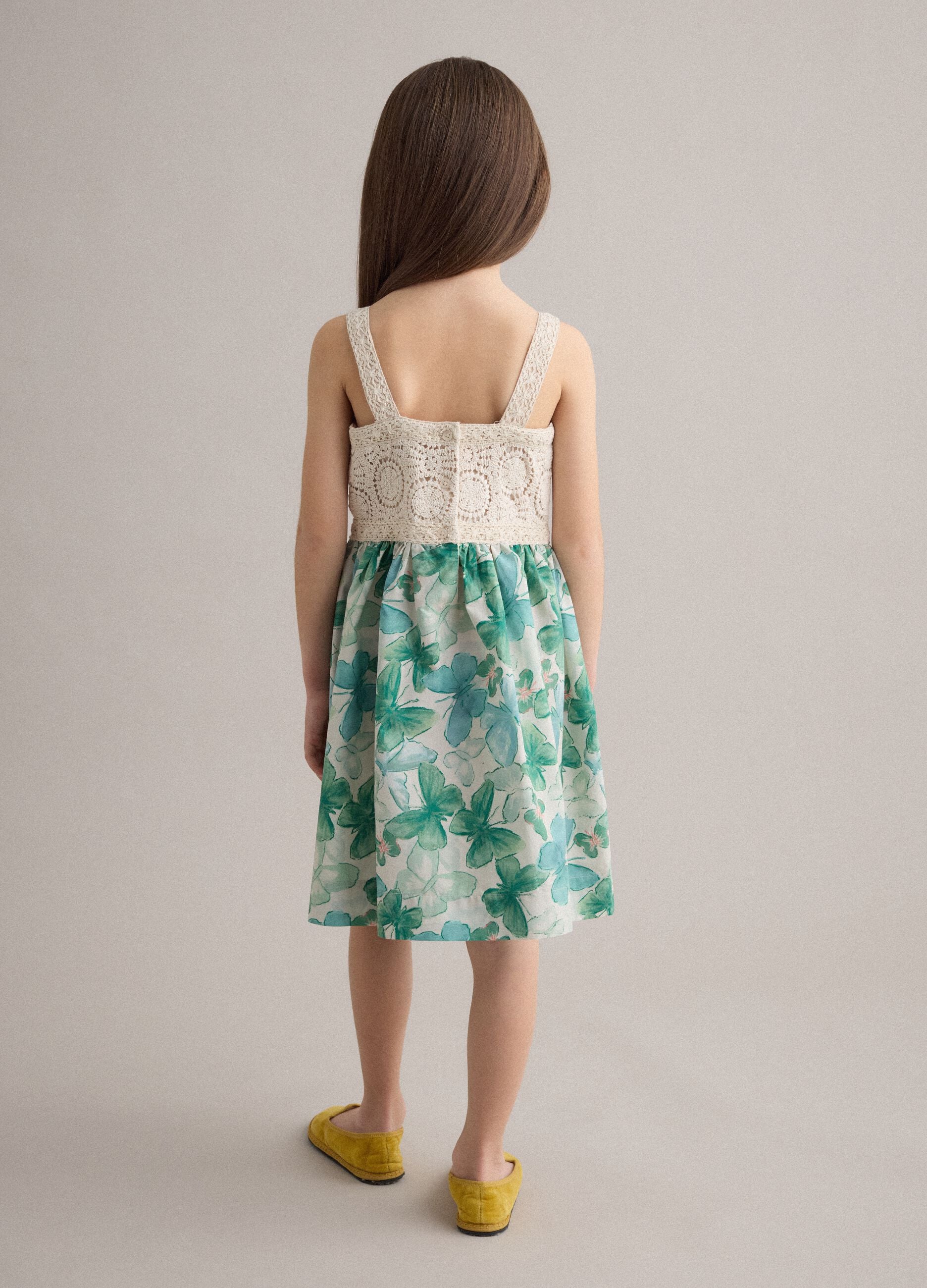 Pure cotton dress with crochet details and floral print