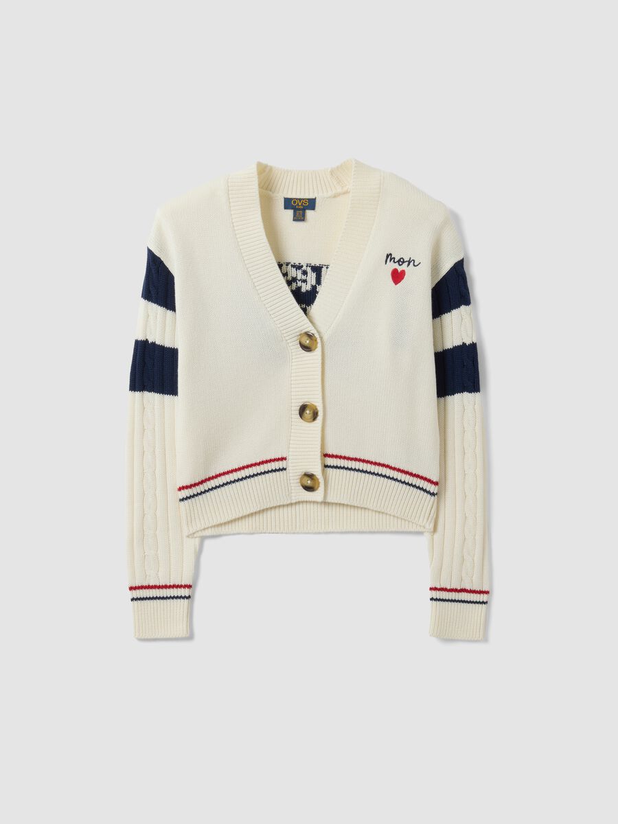 White cotton-blend cardigan with deep V-neck and heart embroidery_0