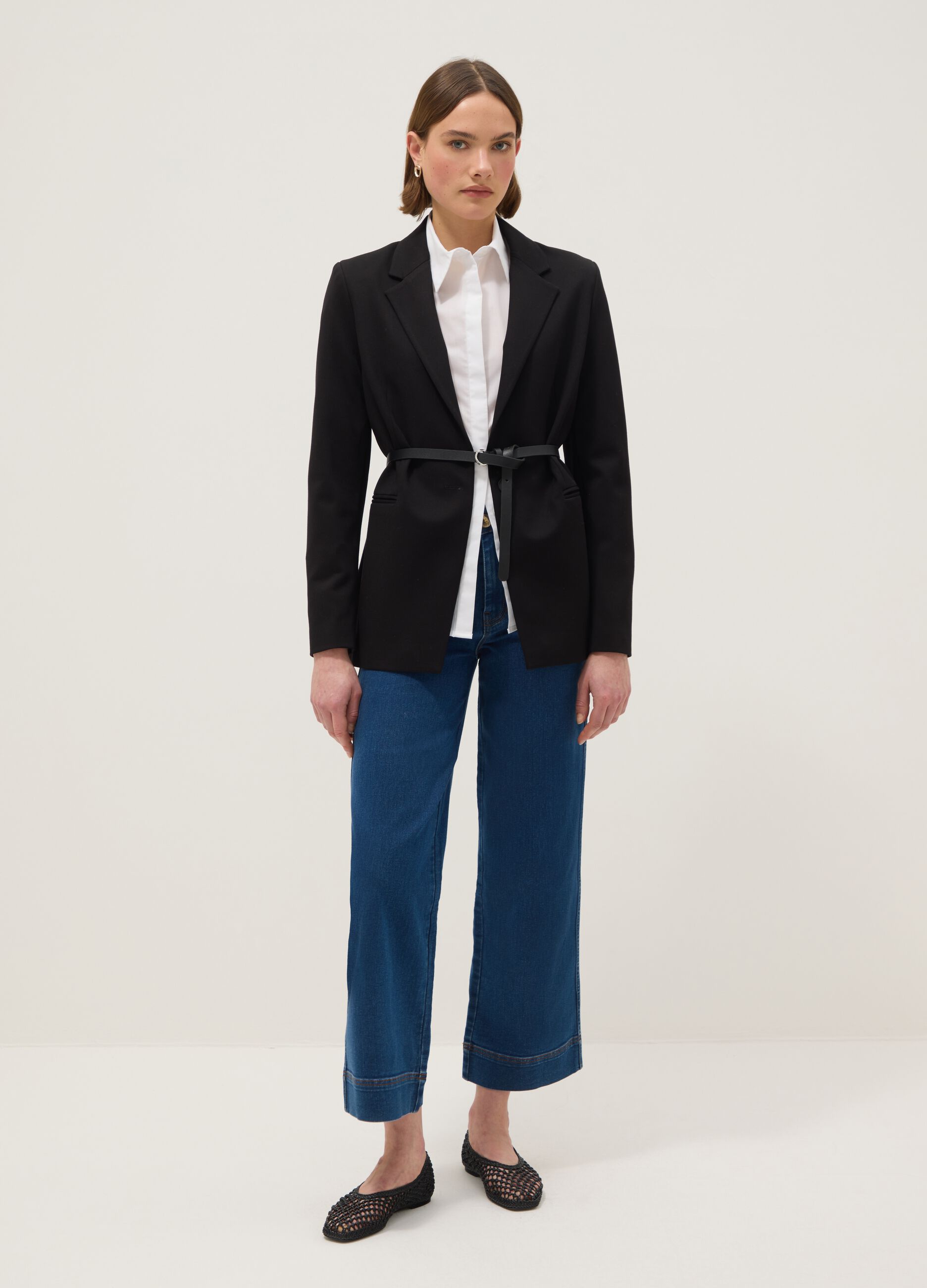 Wide leg stretch cotton blue jeans