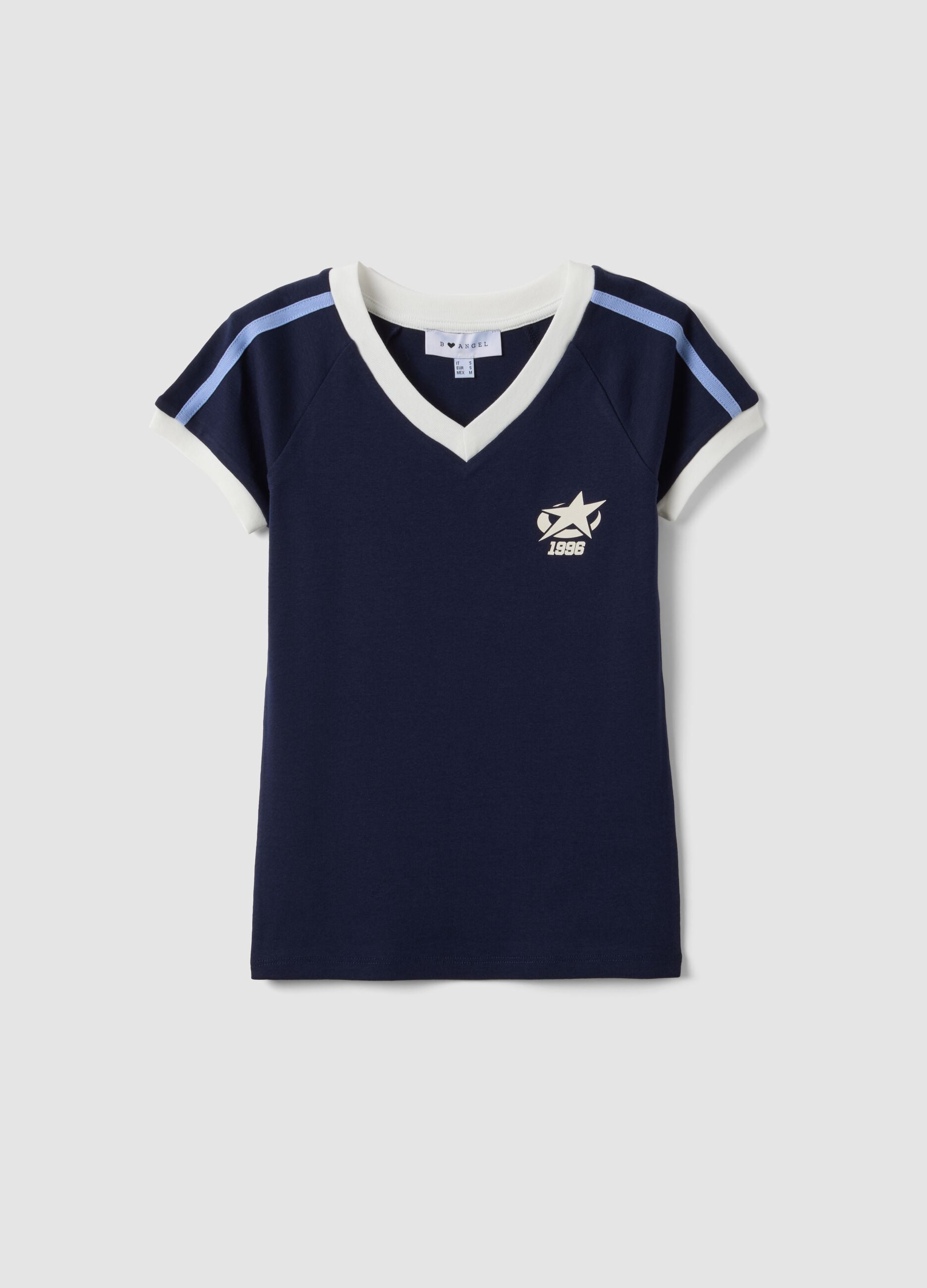 T-shirt blu in puro cotone con scollo a V e stampa frontale