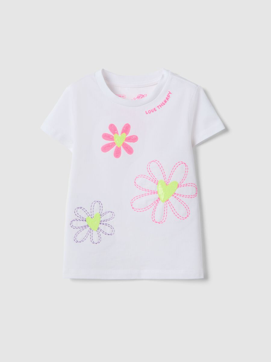 White girl's stretch cotton T-shirt with embroidered flowers_0