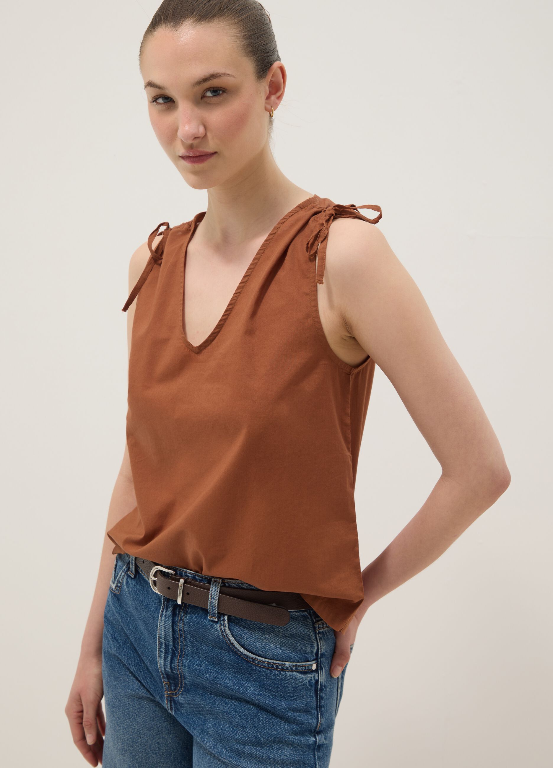 Brown pure cotton blouse with floral print