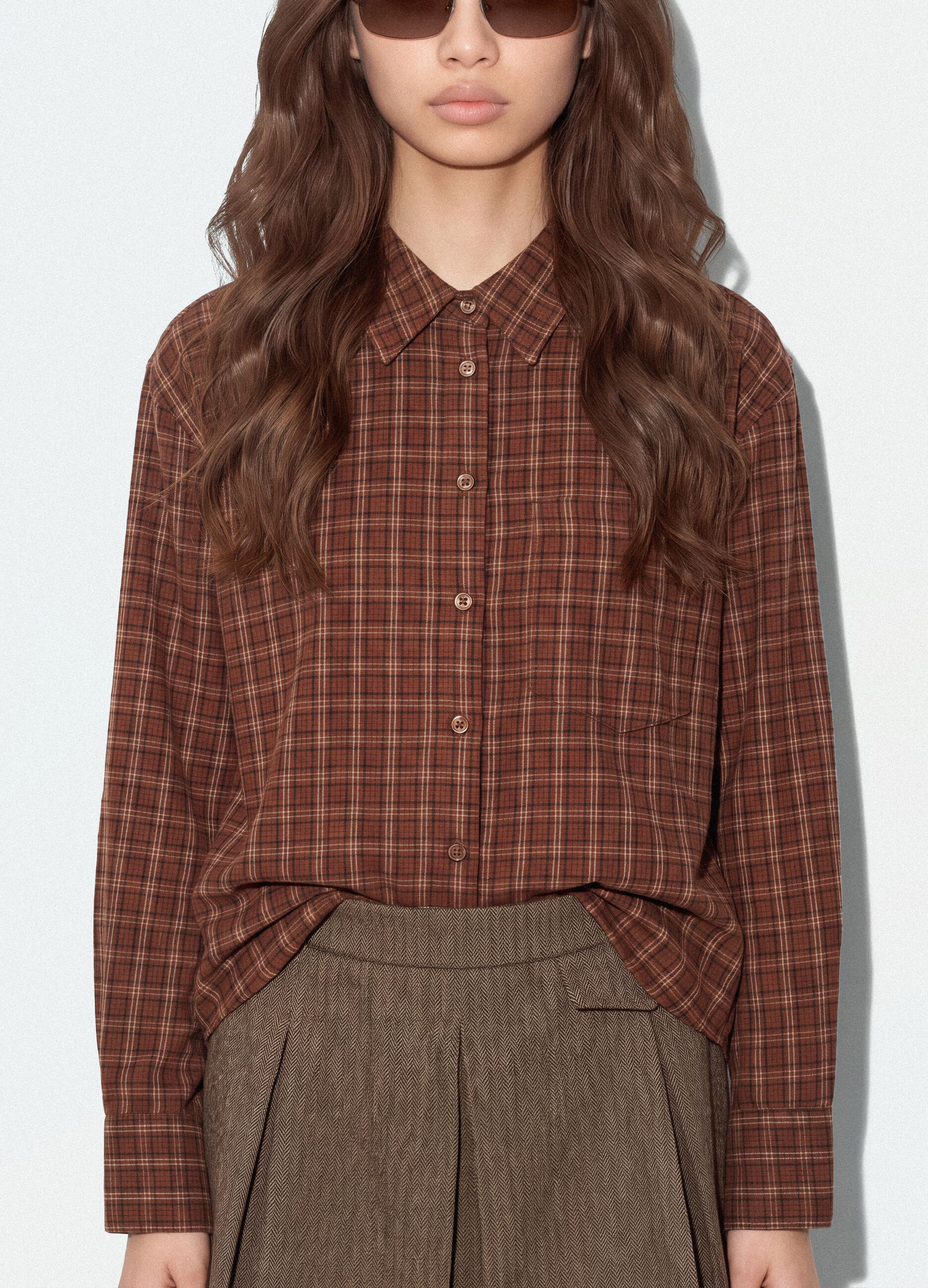 Braun karierte Flanellbluse aus reiner Baumwolle