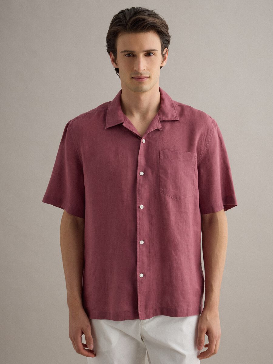 Regular fit pink short sleeve pure linen shirt with pocket_0