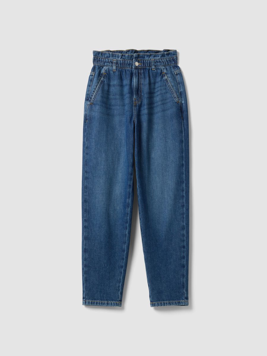 Jeans denim blu in puro cotone con vita paperbag baggy fit_4