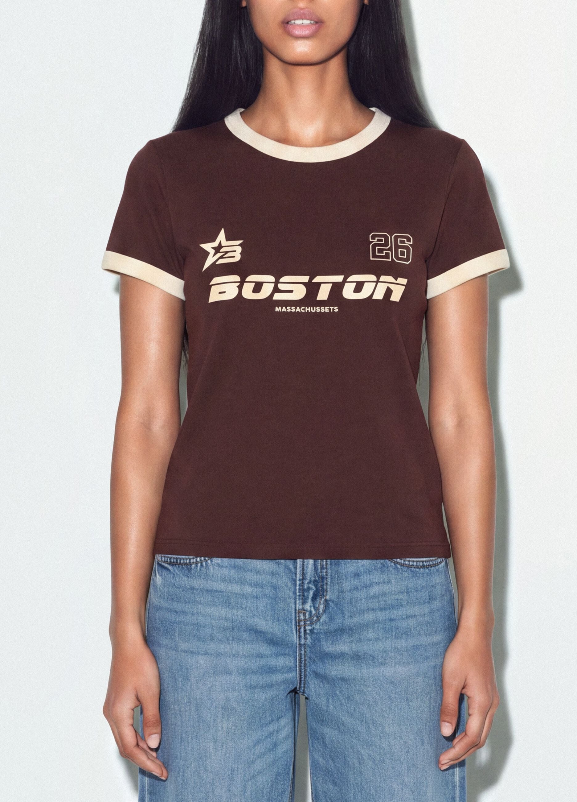 Brown cotton T-shirt with front graphic print and contrast trims