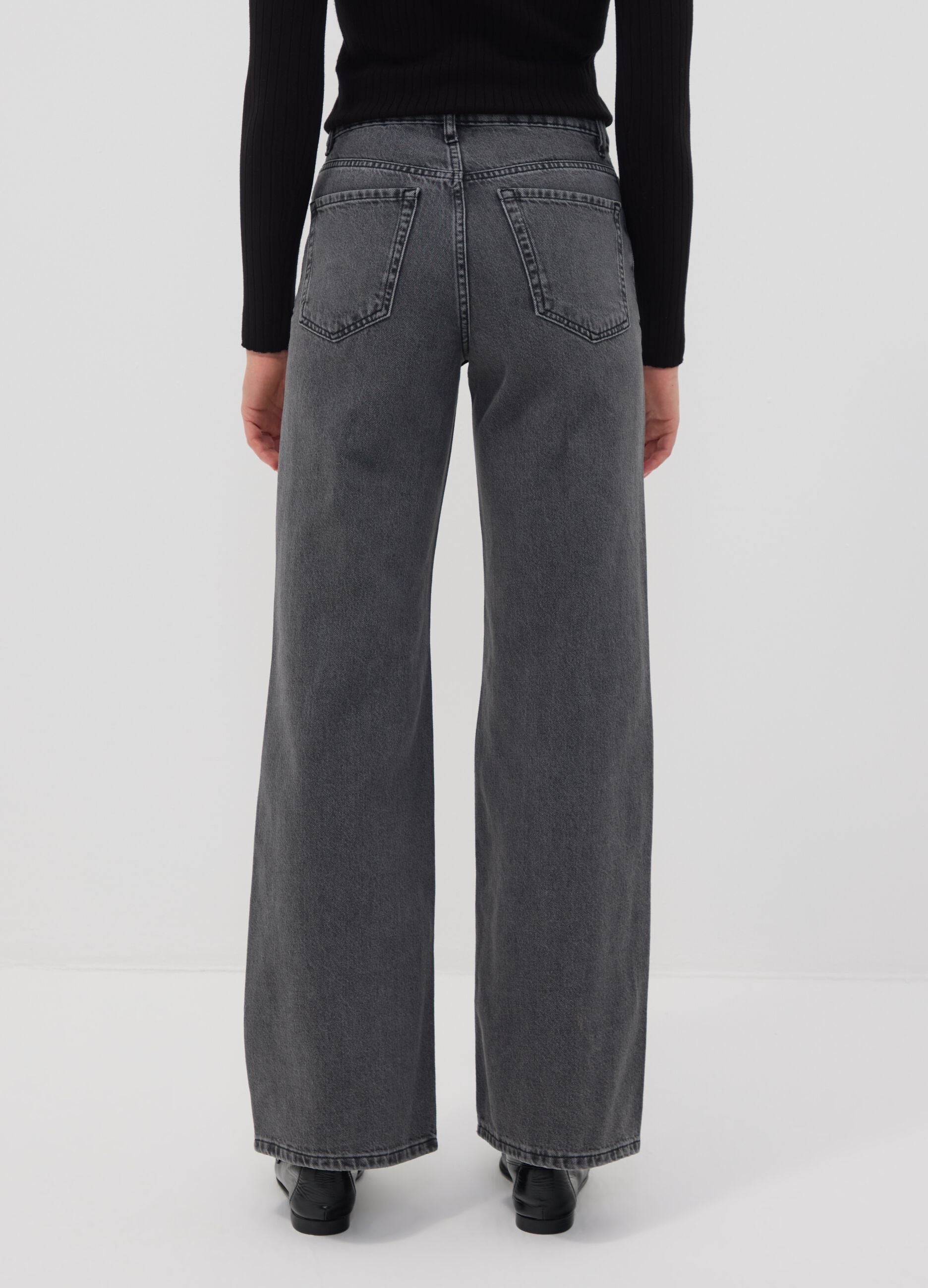 Grey pure cotton wide-leg high-waisted denim jeans