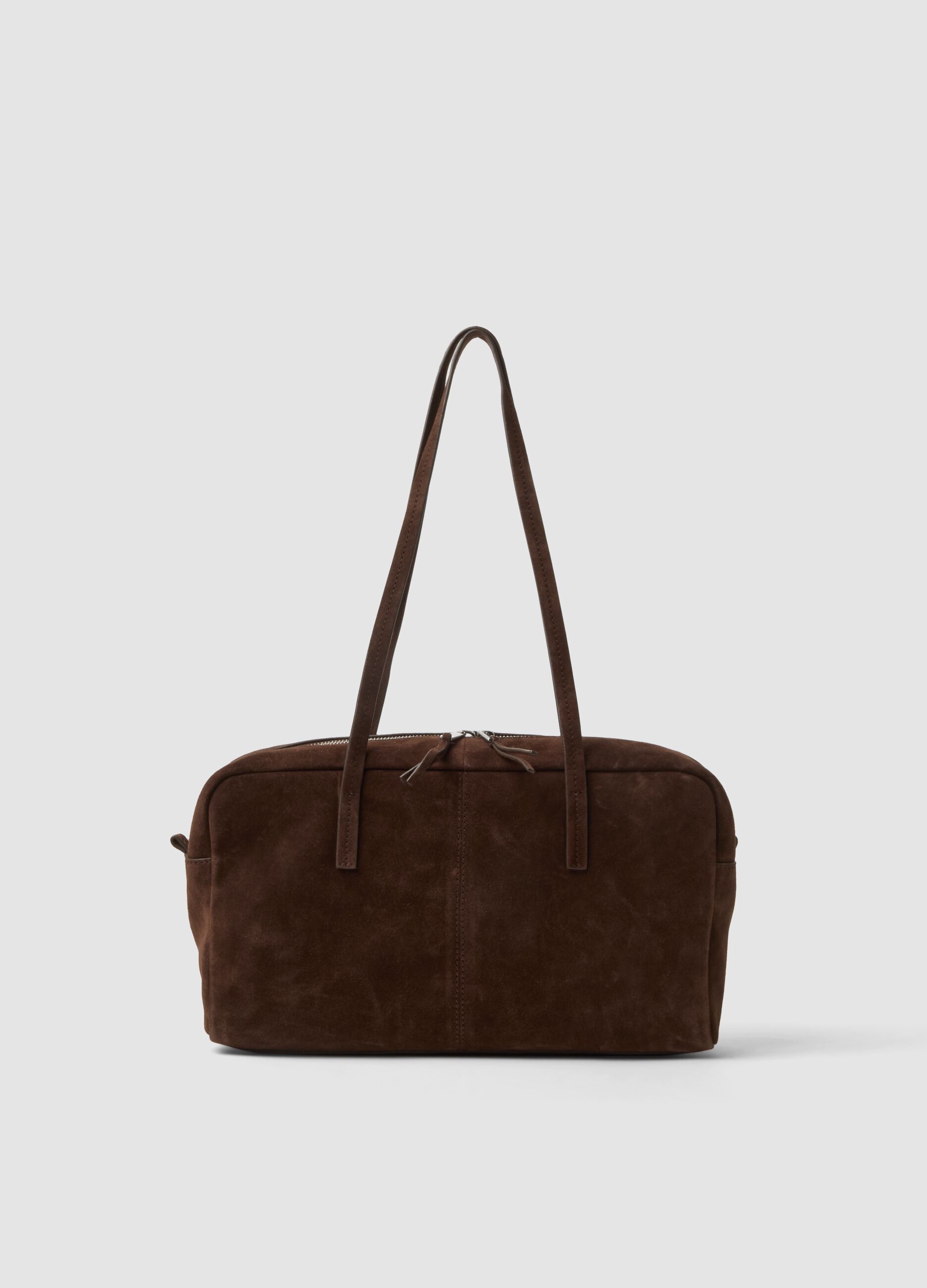 Brown genuine leather handbag with double handles and zip