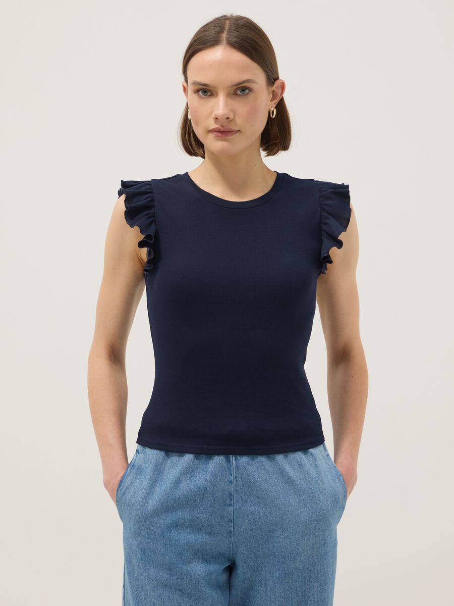 Slim fit blue pure cotton T-shirt with ruffles_0