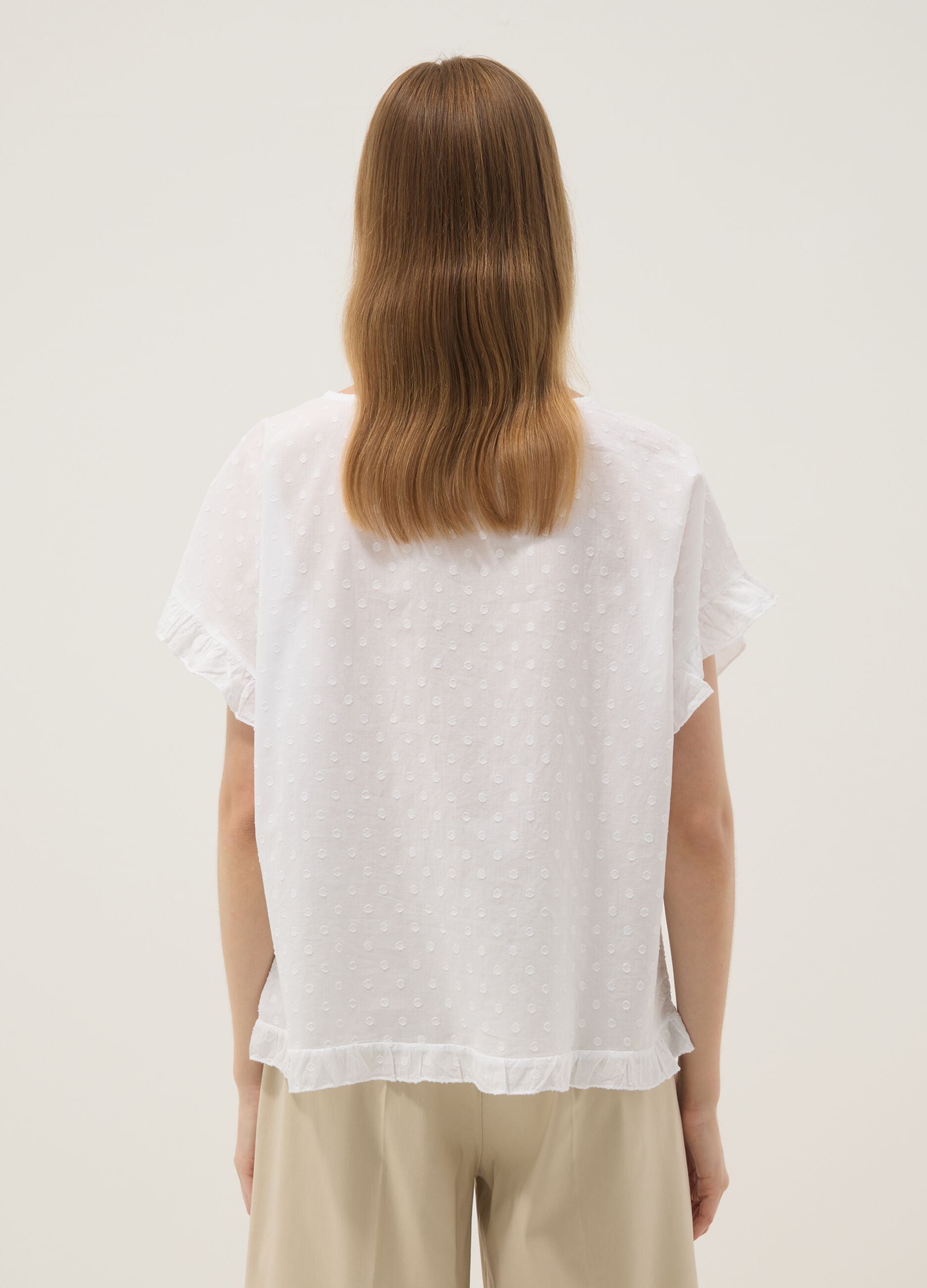 White pure-cotton blouse with ruffle trim
