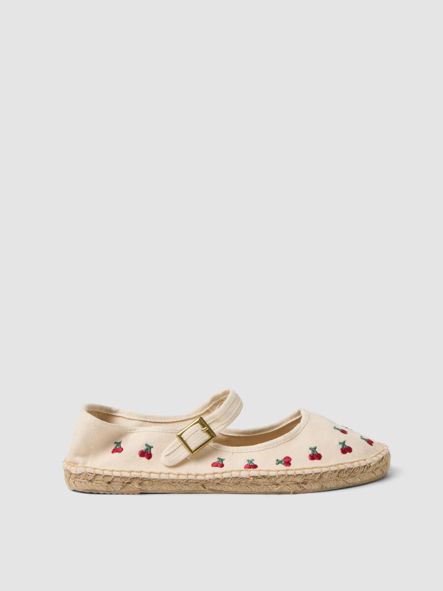 Beige espadrilles with cherry embroidery and ankle strap_0