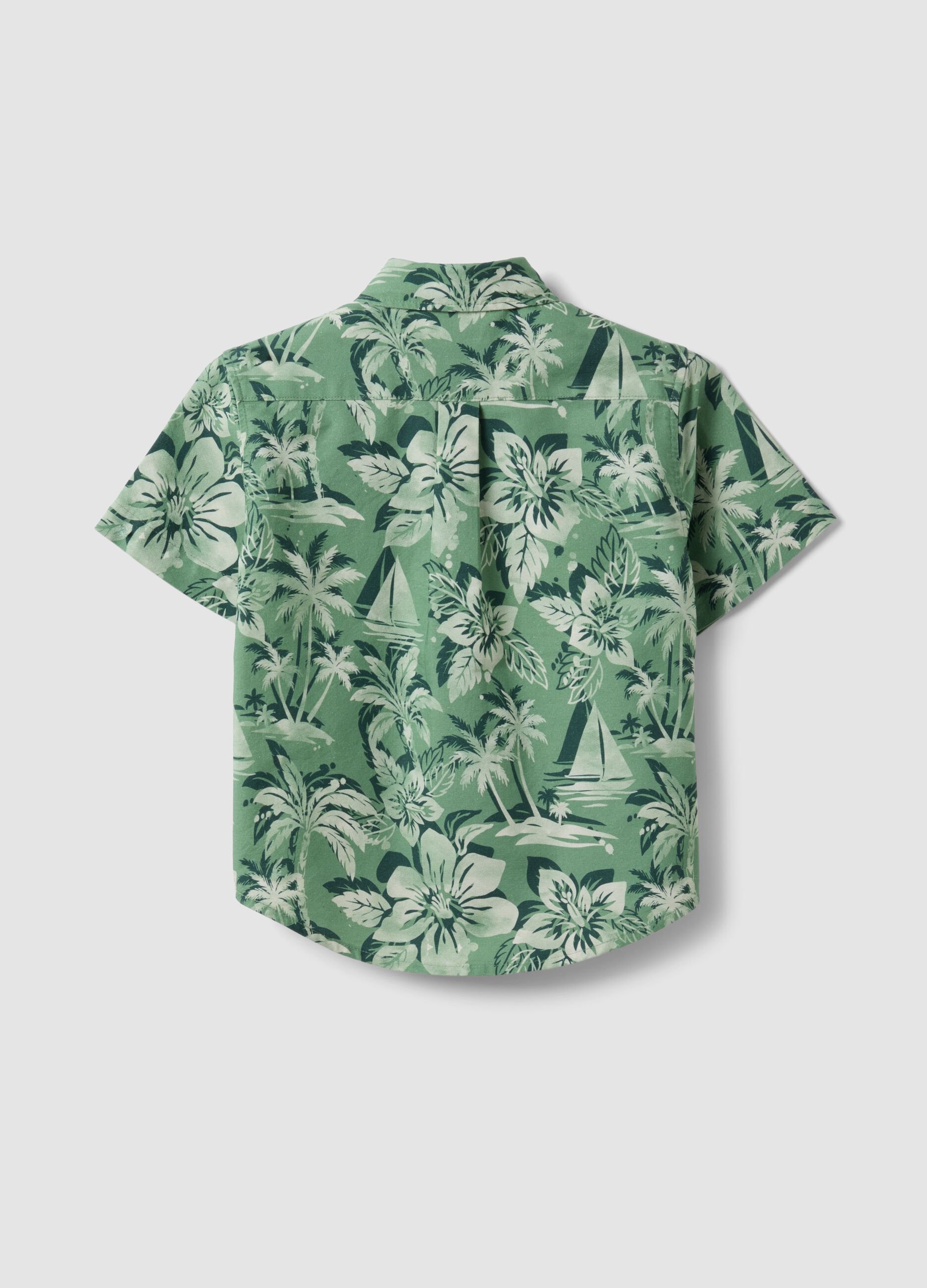 Green pure cotton shirt with tropical print