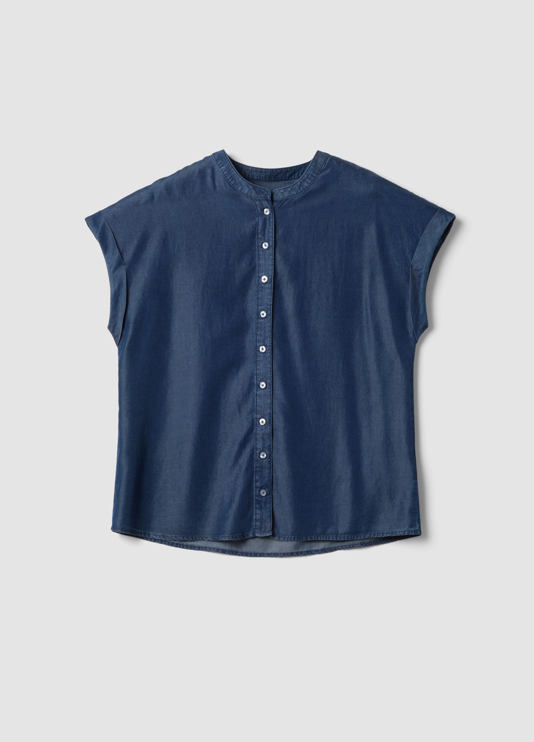 Blue pure lyocell regular fit shirt with mandarin collar