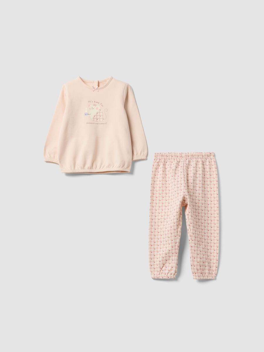 Pink organic cotton crew-neck pyjamas with print for baby girl_0