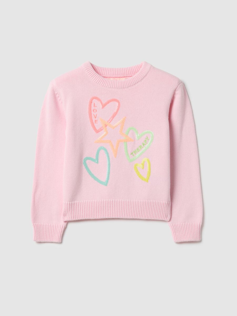 Girls' pink pure cotton sweater with hearts and stars, regular fit_0