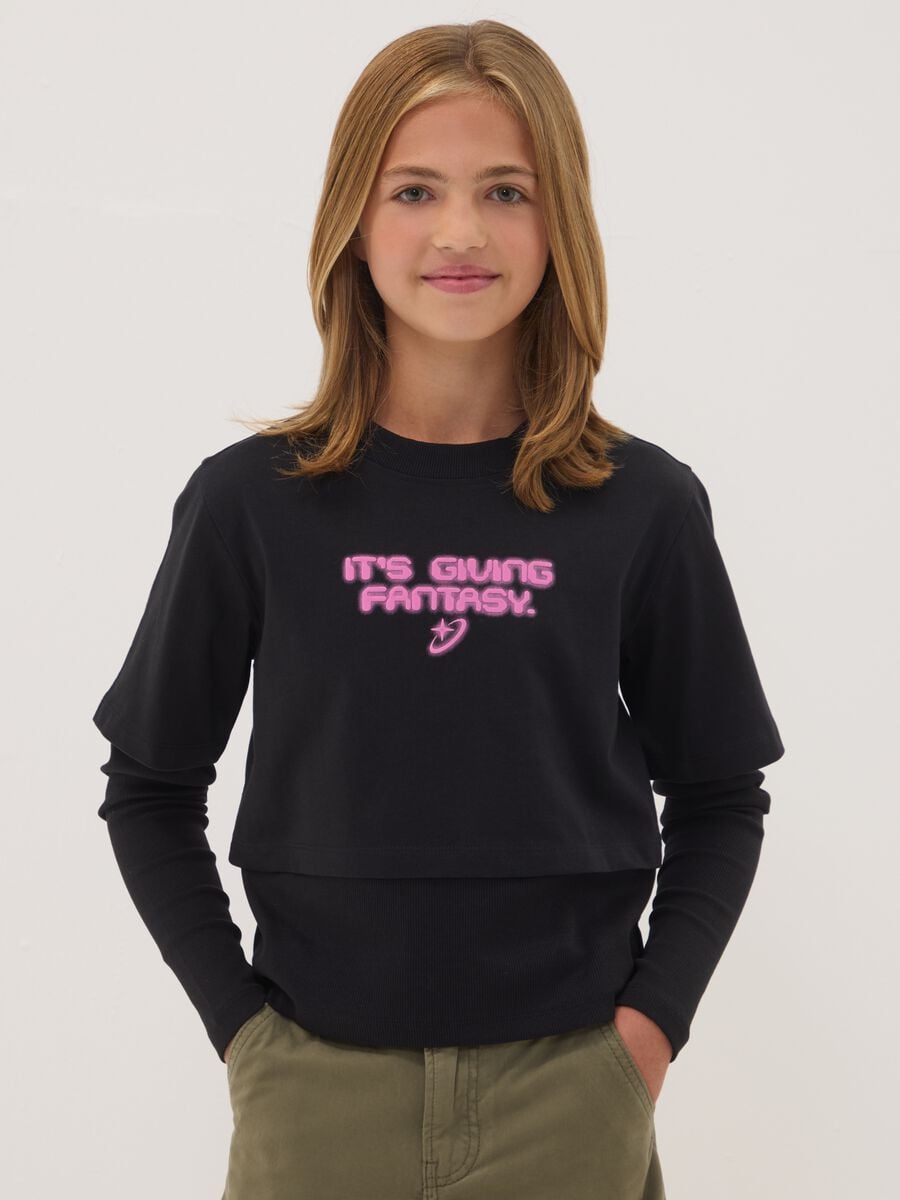 Black pure cotton T-shirt with ribbed crew neck and boxy fit print_0