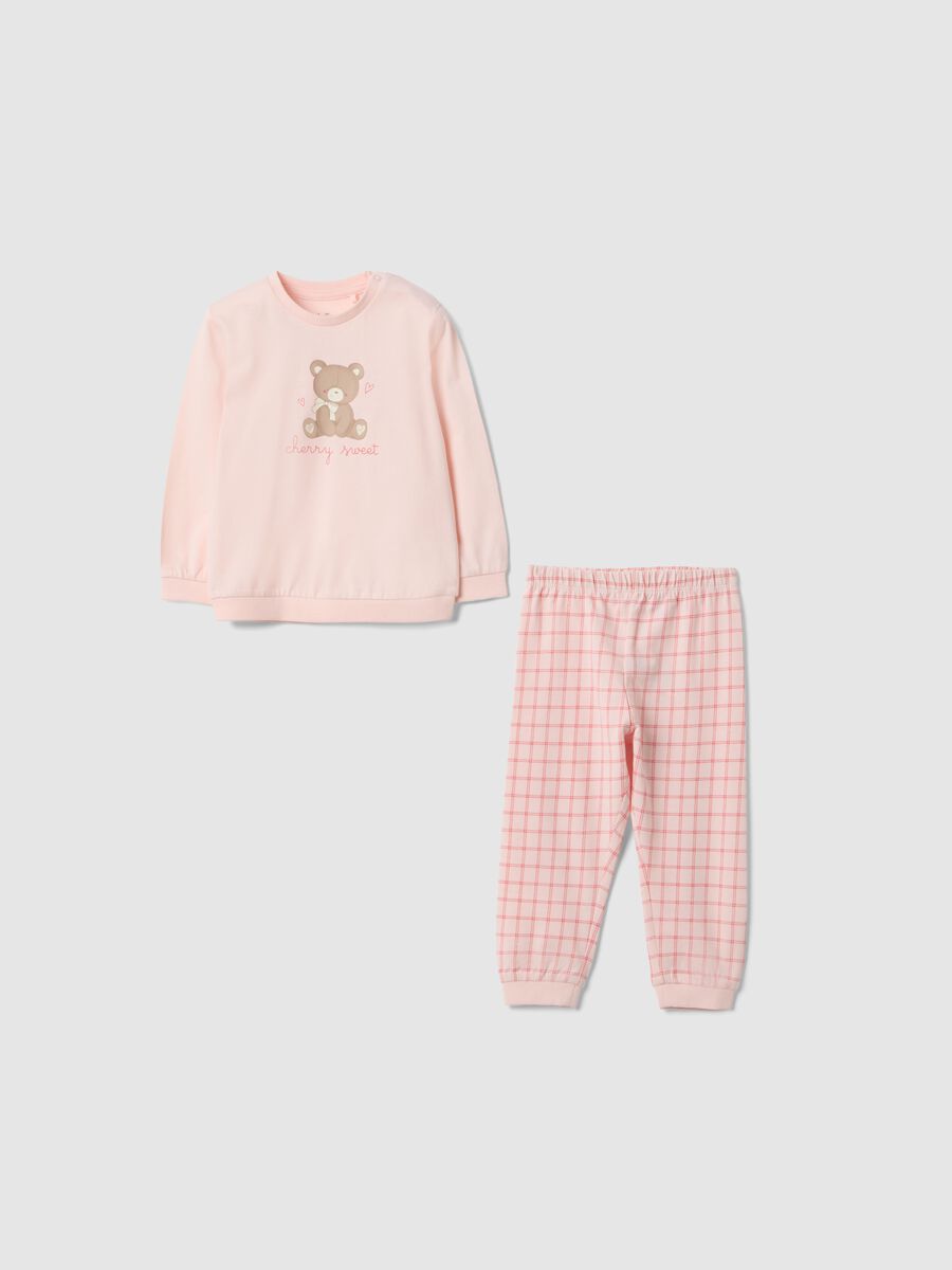 Pijama rosa de algod&oacute;n puro para beb&eacute; ni&ntilde;a con estampado de osito, corte regular_0