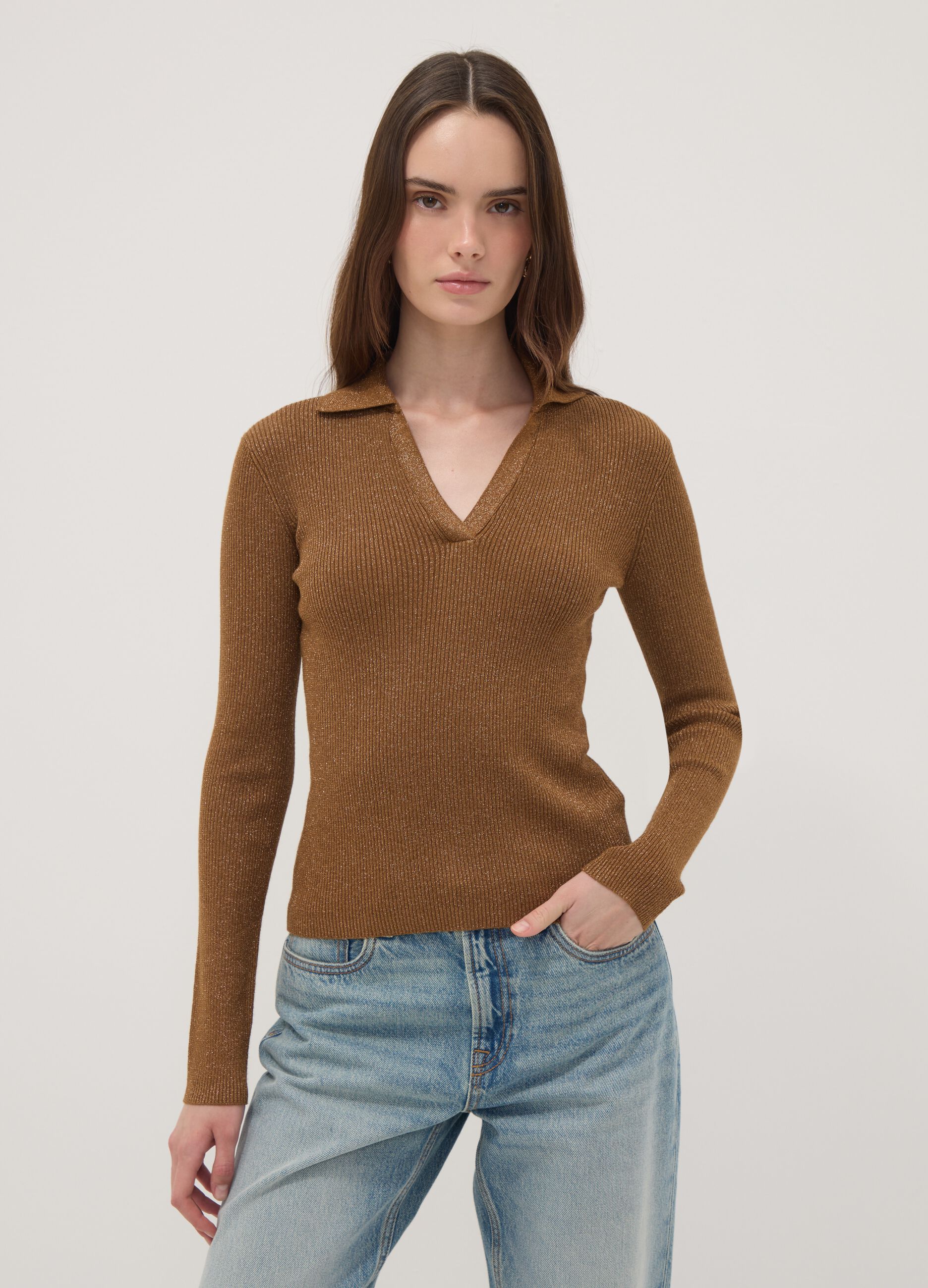 Brown ribbed viscose-blend polo-collar top