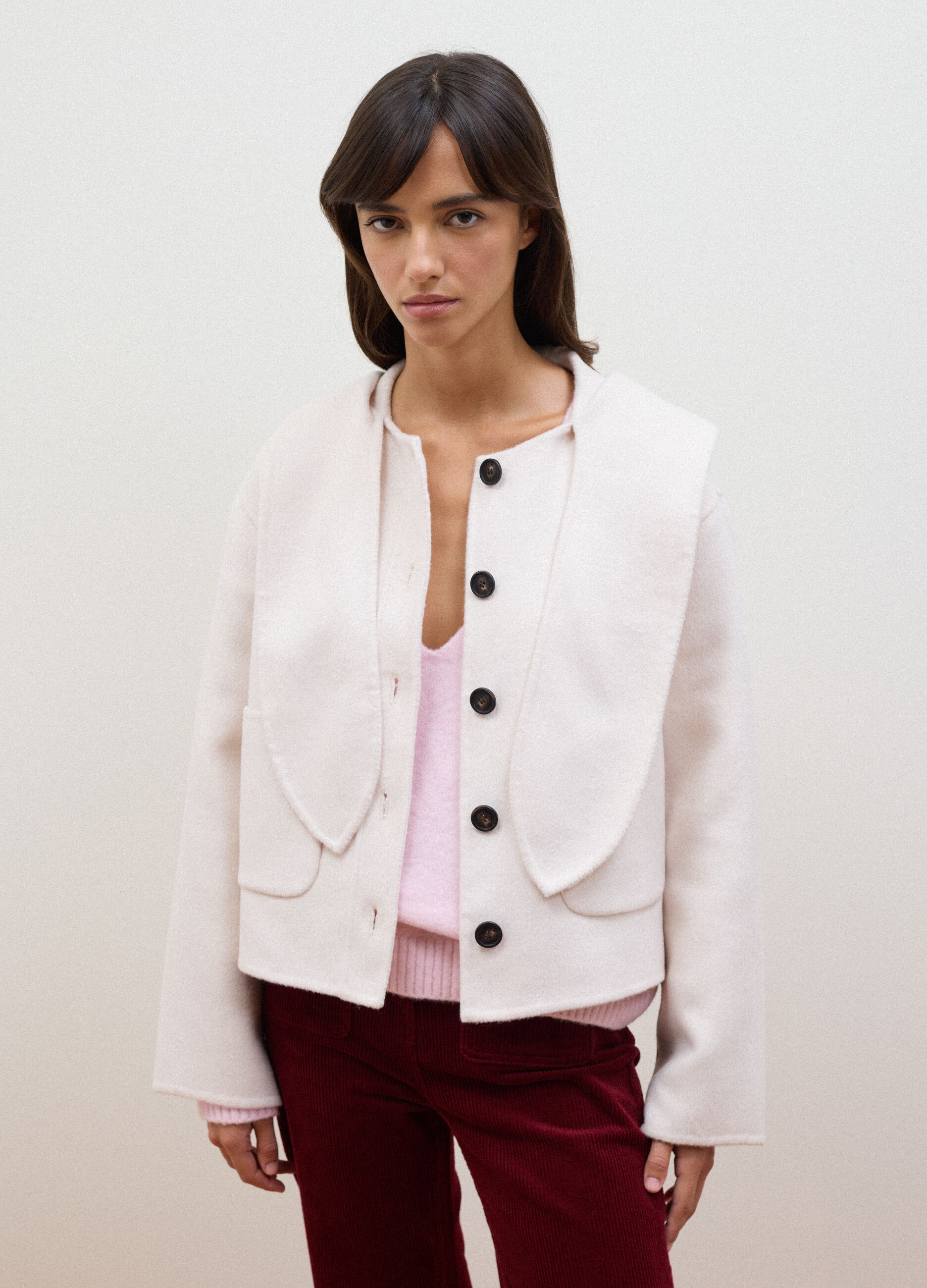 Short white wool-blend coat with hood, regular fit