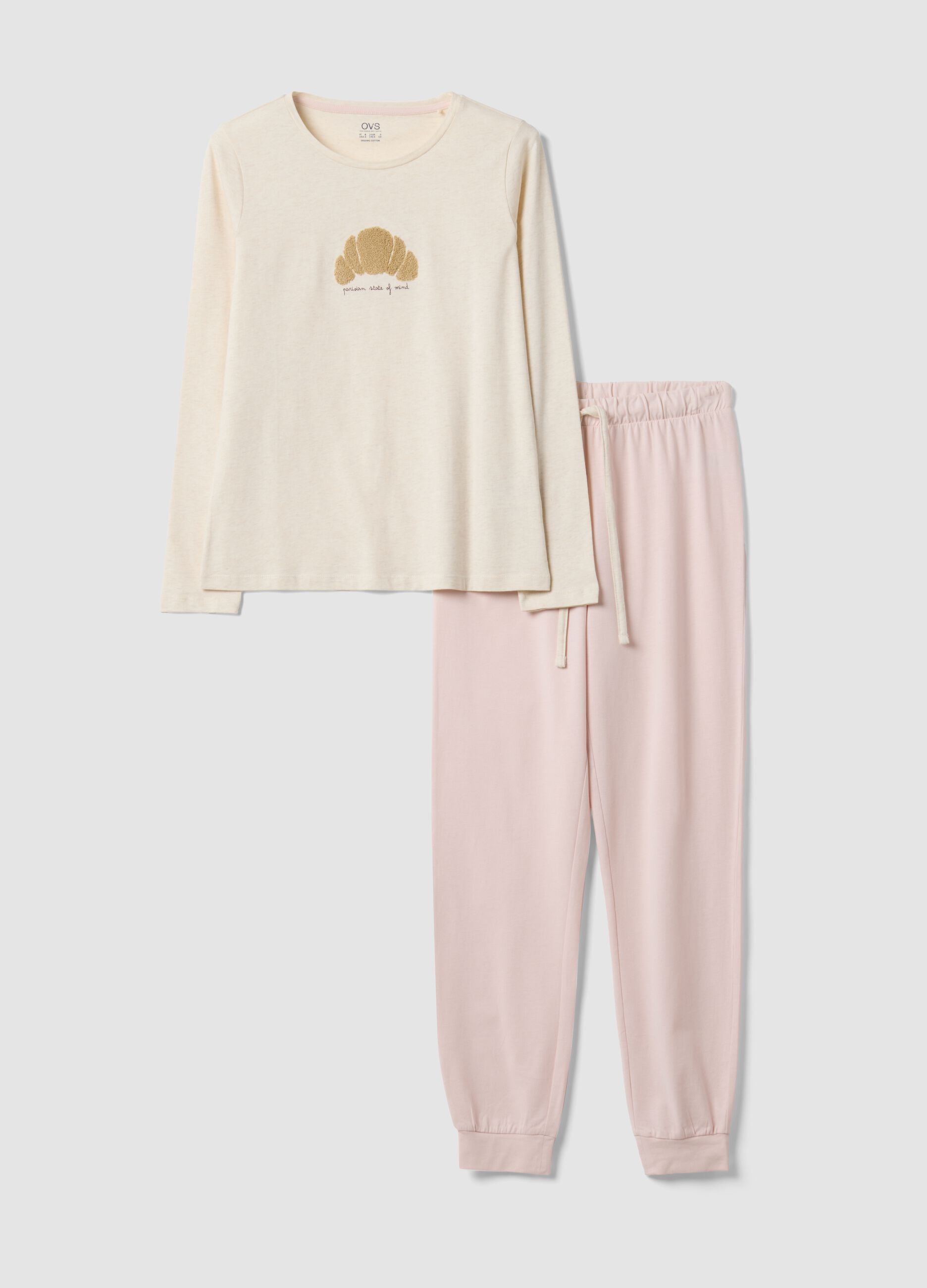 Beige organic cotton pyjamas with raised croissant embroidery