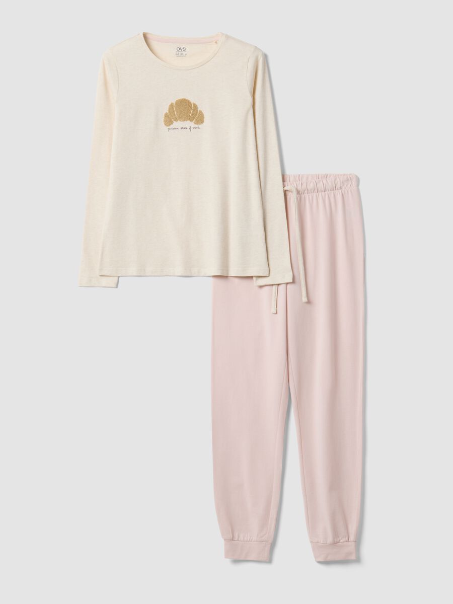 Beige organic cotton pyjamas with raised croissant embroidery_4