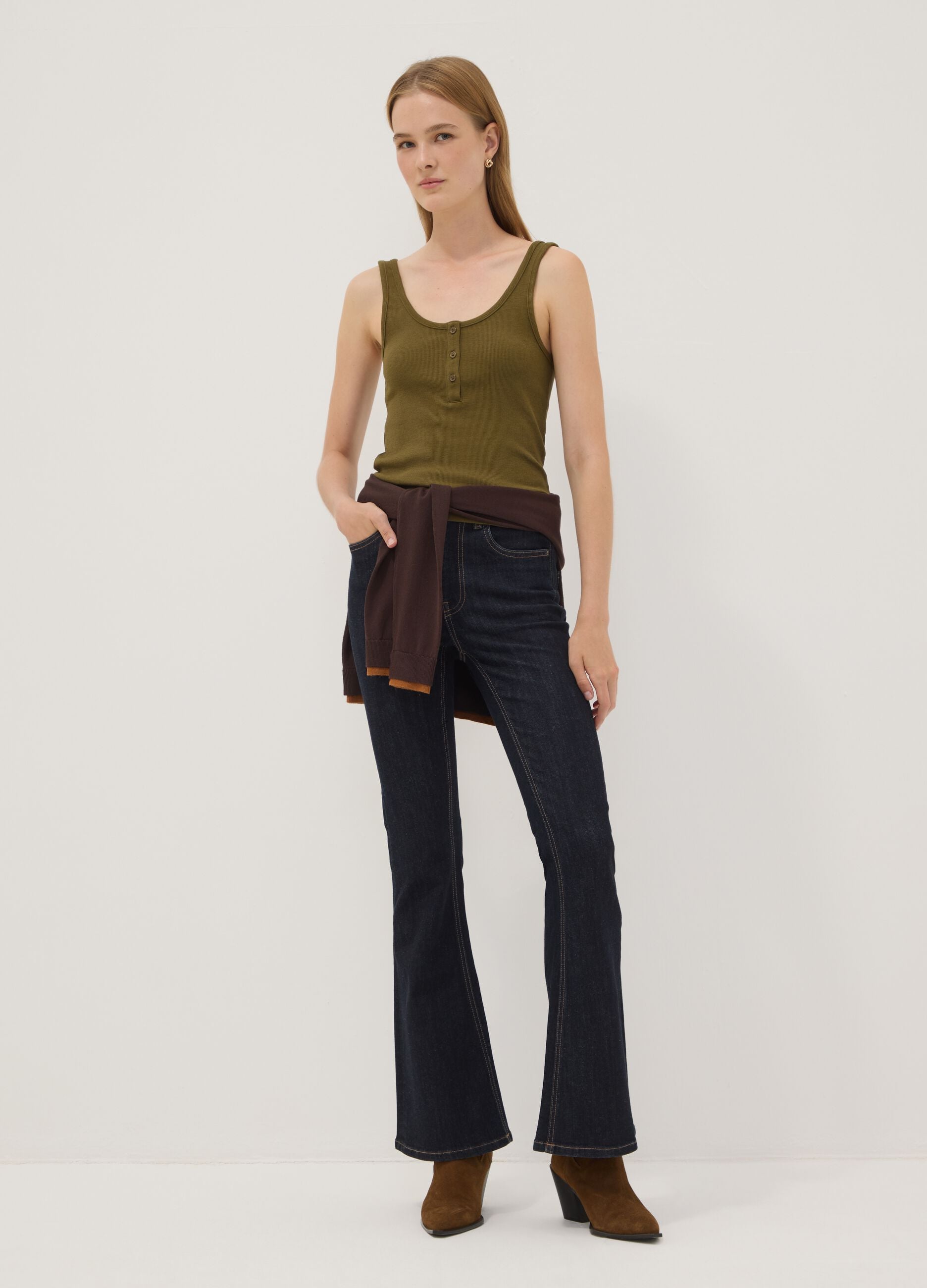 Green stretch cotton tank top with buttons, regular fit