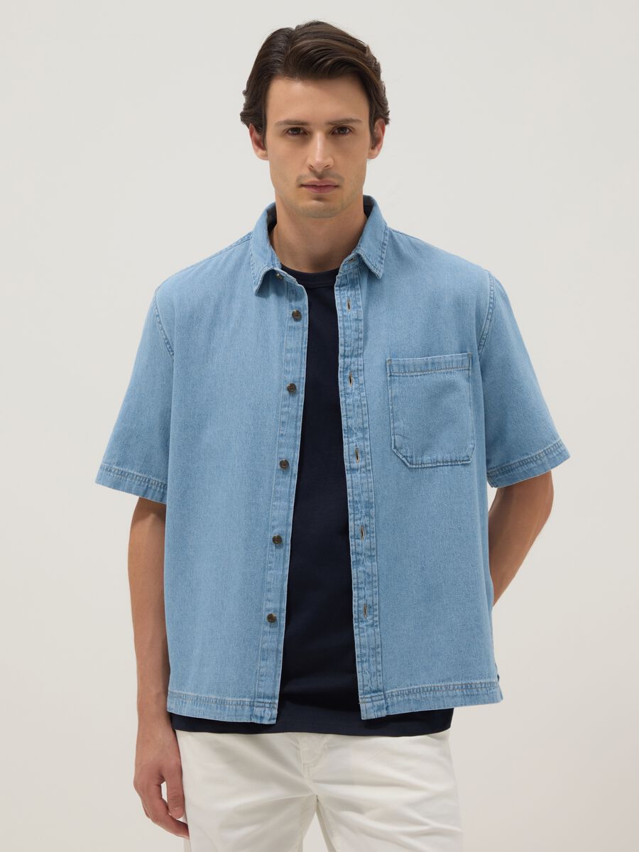 Sky blue denim pure cotton oversized fit shirt_0