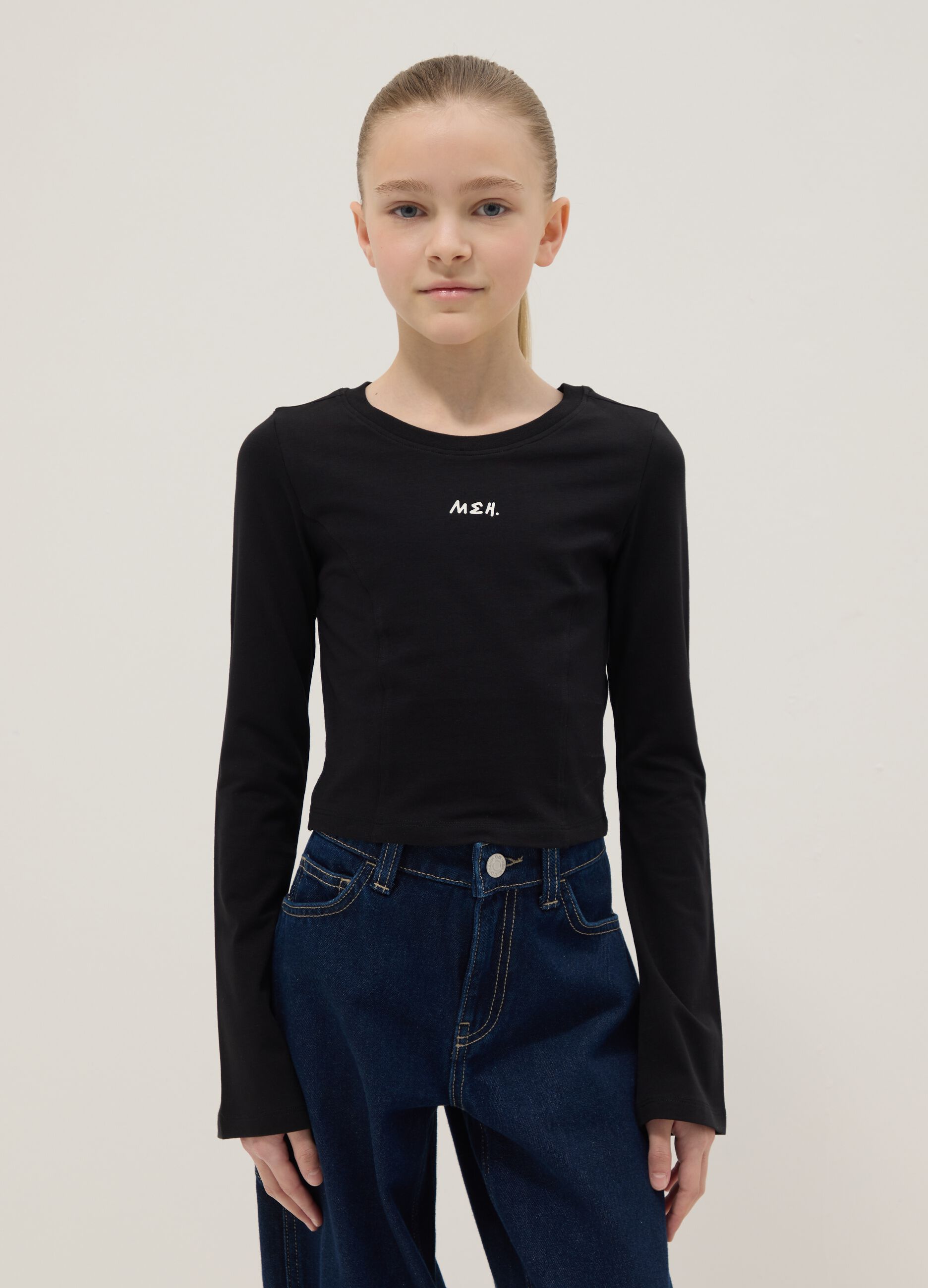 Girls&rsquo; black stretch-cotton slim-fit T-shirt with slogan