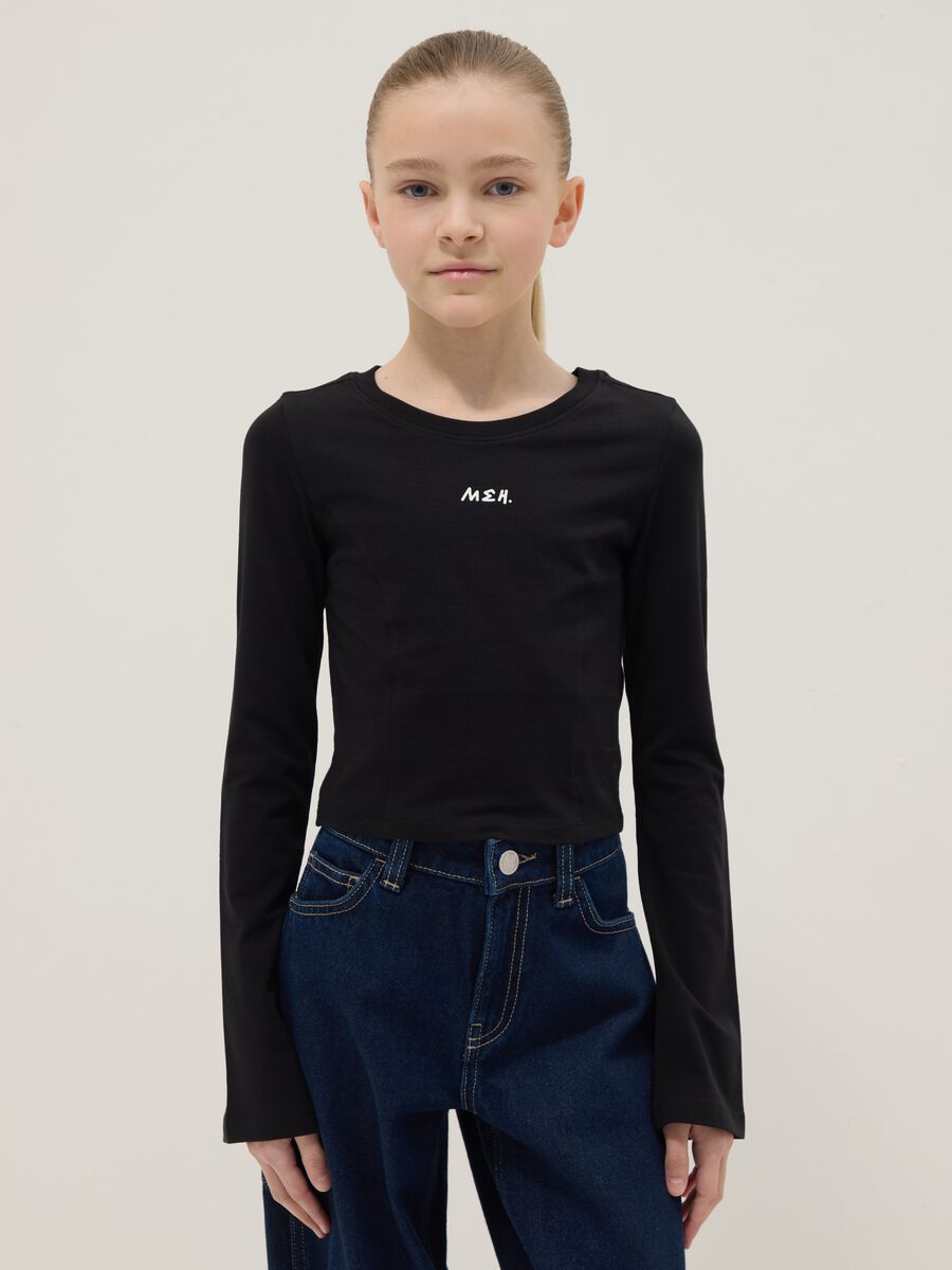 Girls&rsquo; black stretch-cotton slim-fit T-shirt with slogan_0