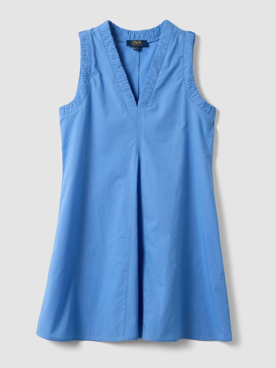 Light Blue Pure Cotton Regular Mini Dress with Ruched V-Neck_4