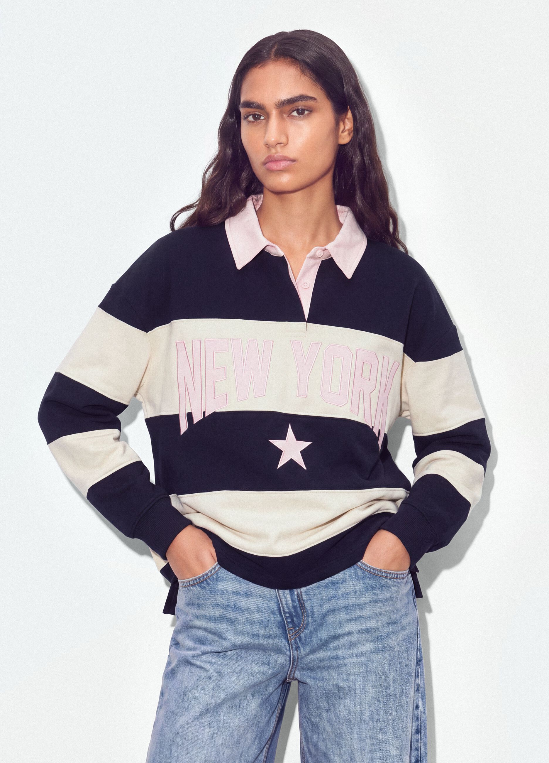 Sweatshirt azul &agrave;s riscas em mistura de algod&atilde;o com colarinho, relaxed fit