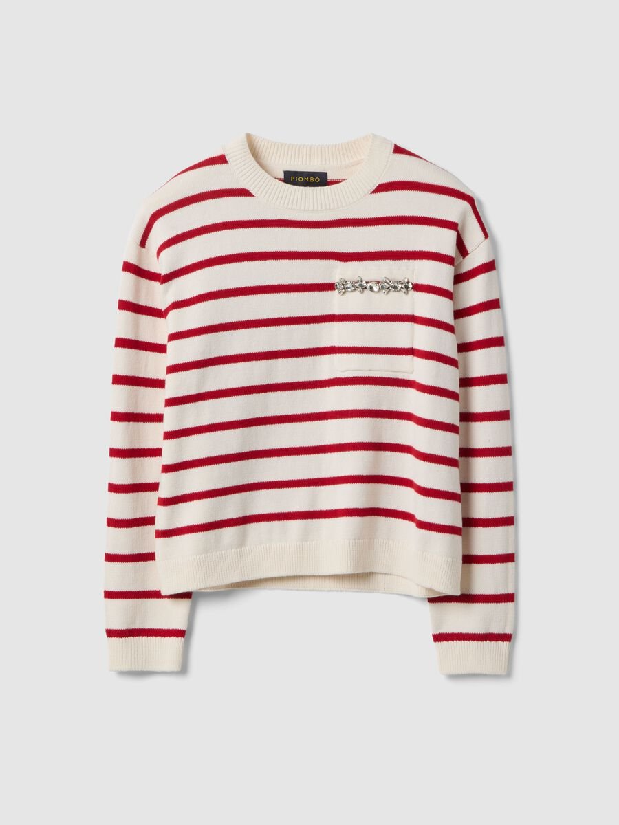 Beige jumper with red stripes in pure cotton regular fit_0