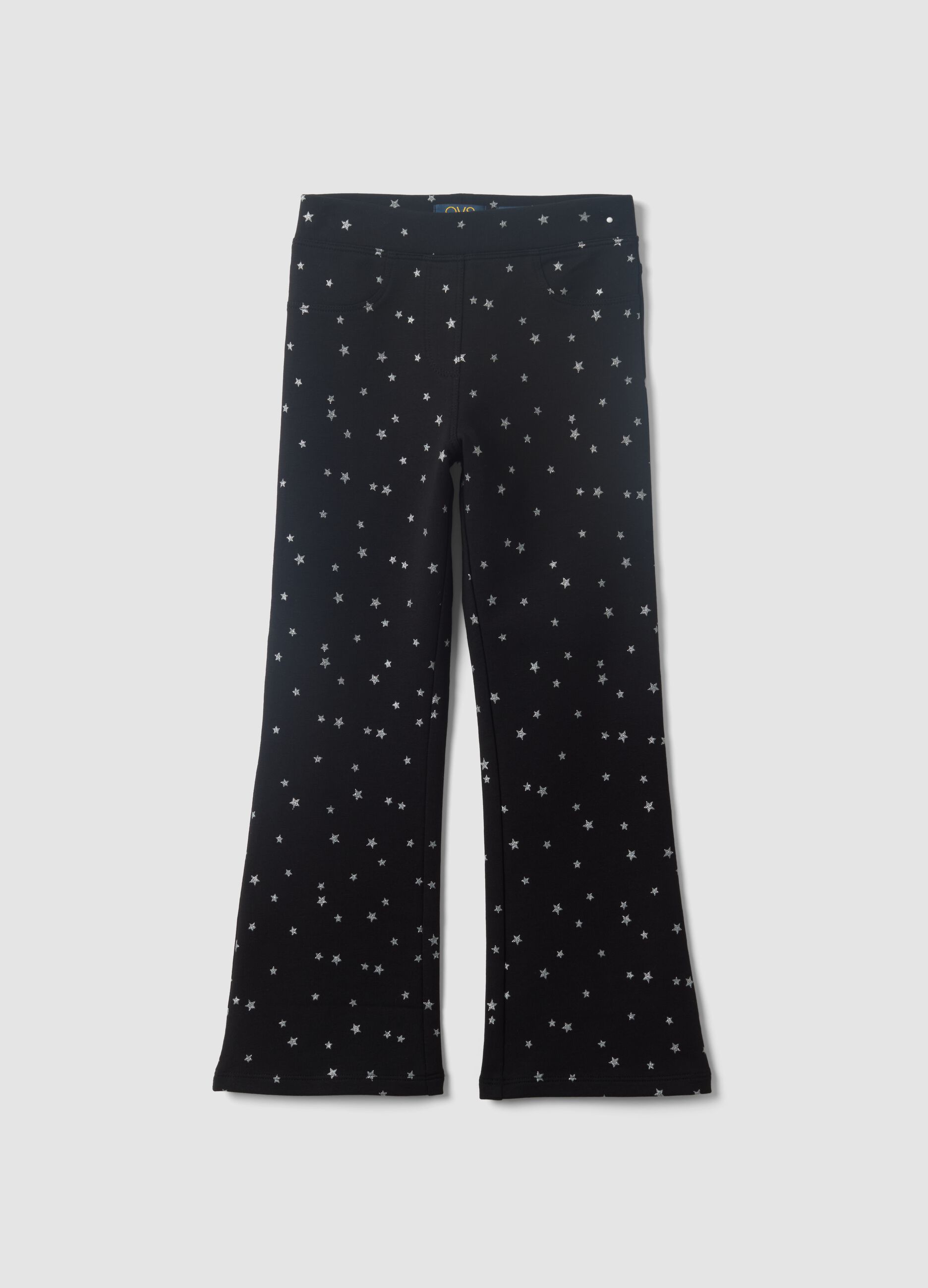 Schwarze Flare-Hose aus Stretch-Baumwolle mit Sternmuster f&uuml;r M&auml;dchen